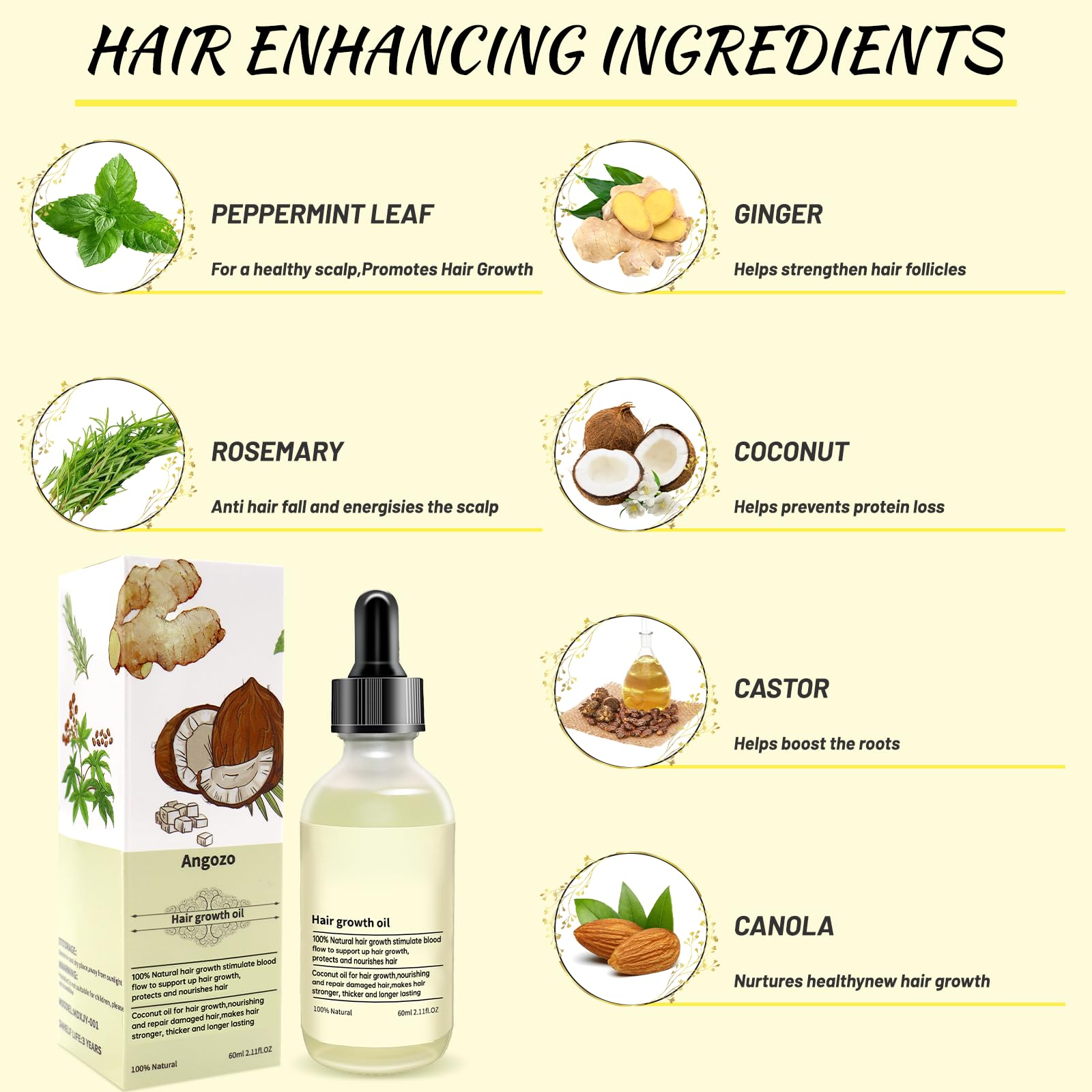 Veganic Hair Oil,100% Natural Growth With Caffeine,Biotin,Coconut,Macadamia,Rosemary and Castor for Growth,Thickening Hair Mask & Loss Treatment,60ml