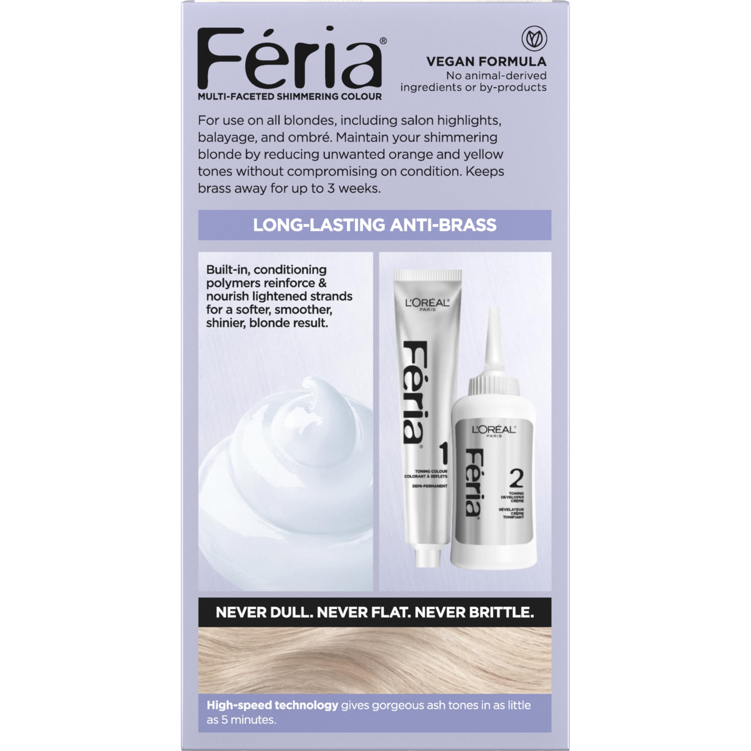 L’Oreal Paris Feria Long-Lasting Anti Brass Power Hair Toner, Ammonia Free Demi Permanent Hair Color, Ice Blonde Hair Toner, 1 Application