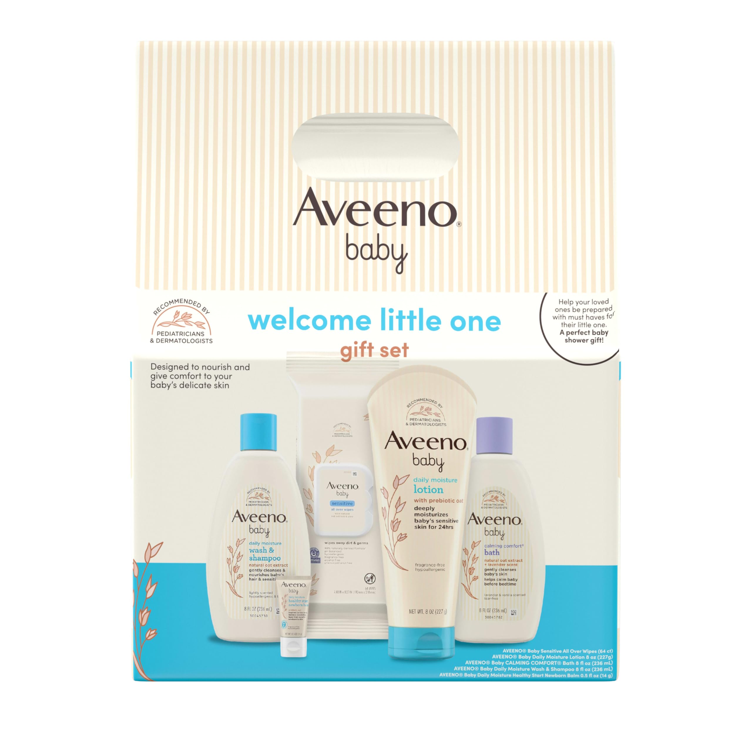 Aveeno Baby Welcome Little One Gift Set, Skincare Set with Nourishing Body Wash & Shampoo, Calming Bath Wash, All Over Wipes, Daily Moisturizing Lotion, & Balm, 5 Items Halalzen