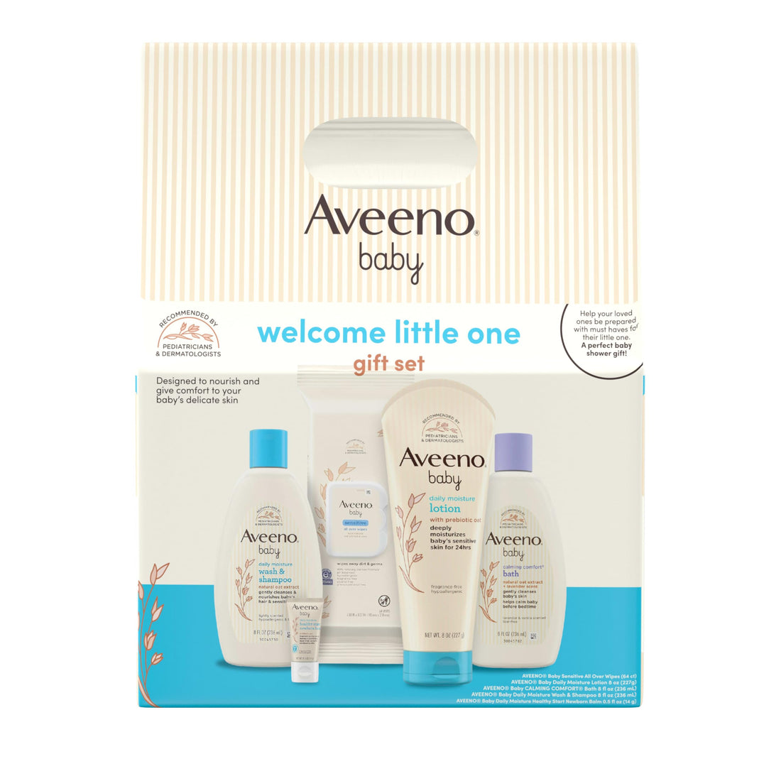 Aveeno Baby Welcome Little One Gift Set, Skincare Set with Nourishing Body Wash & Shampoo, Calming Bath Wash, All Over Wipes, Daily Moisturizing Lotion, & Balm, 5 Items Halalzen