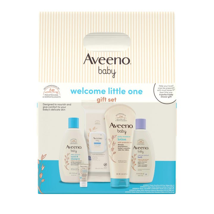 Aveeno Baby Welcome Little One Gift Set, Skincare Set with Nourishing Body Wash & Shampoo, Calming Bath Wash, All Over Wipes, Daily Moisturizing Lotion, & Balm, 5 Items Halalzen