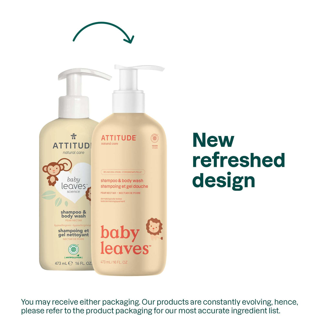 ATTITUDE 2in1 Hair Shampoo and Body Wash for Baby, Plant and Mineral-Based Gentle Formula, EWG Verified, Vegan Baby Products, Pear Nectar, 473 mL