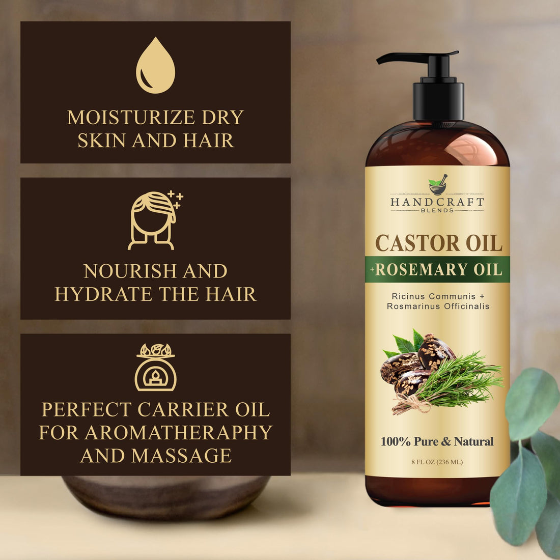 Handcraft Blends Huile de Ricin et Huile de Romarin 236 ml | 100% Pure et Naturelle | Huile Support de Qualité Supérieure | Cheveux, Cils et Sourcils | Cheveux et Corps