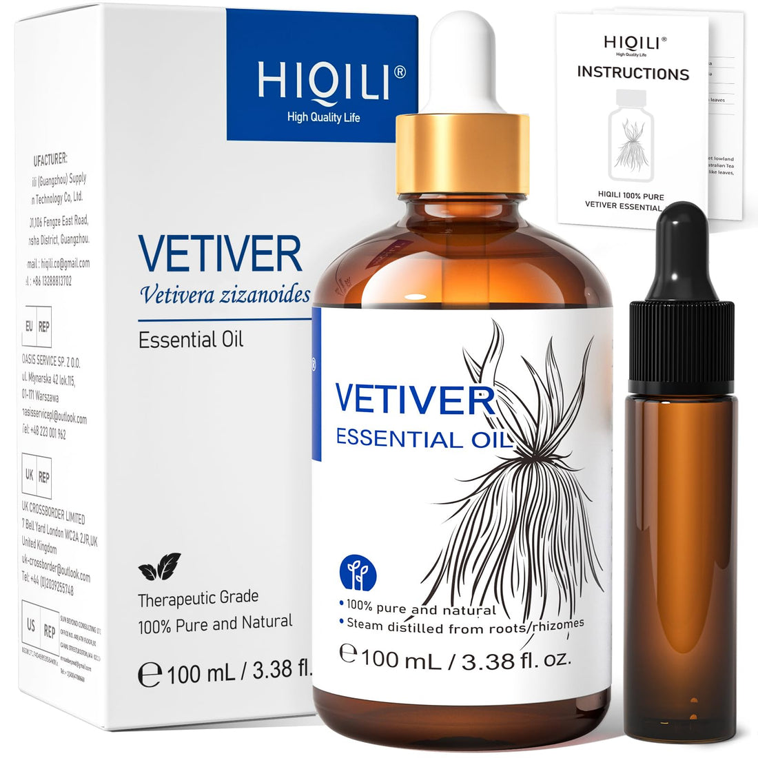 HIQILI 100ml Lavender Essential Oil Pure, 100% Natural Therapeutic Grade for Aromatherapy Diffuser, Skin Care, Hair, Includes Premium Quality Glass Dropper