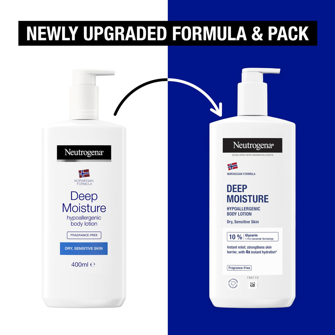 Neutrogena Norwegian Formula Deep Moisture Body Lotion (1x 400ml), Fragrance-Free Moisturiser for Sensitive and Dry Skin, Provides 48-Hour Moisturisation