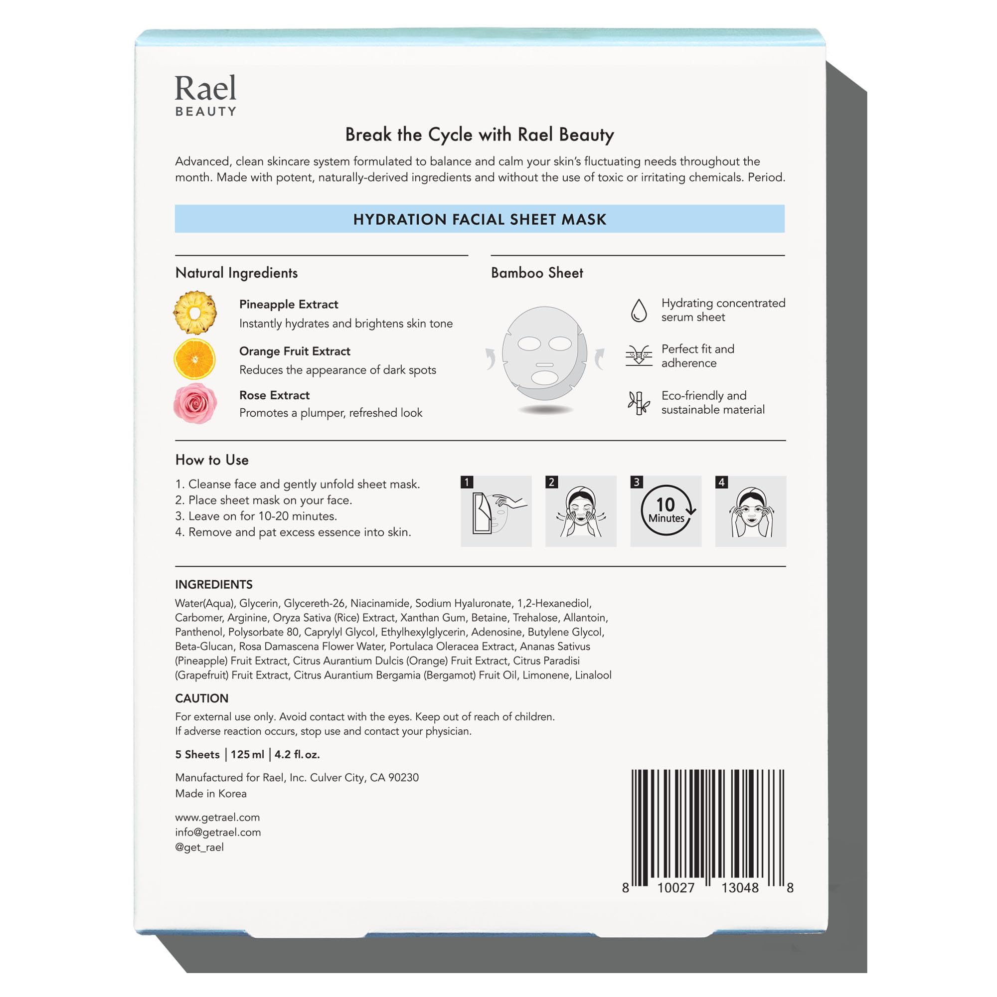 Rael Beauty Collagen + PDRN Face Masks - Korean Skincare for Glass Skin, Smoothing, Salmon PDRN & Hydrolyzed Collagen & Hyaluronic Acid, Anti-Slip Grip, Fragrance & PEGs & Cruelty Free (4 Sheets)