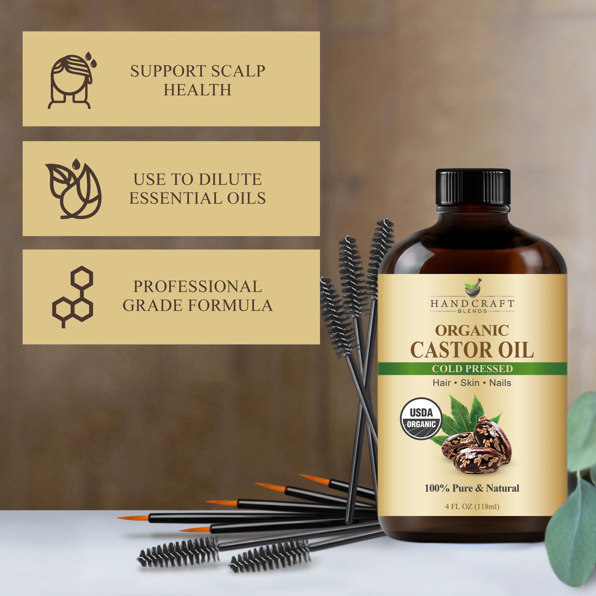 Handcraft Blends Castor Oil with Rosemary and Peppermint Oil 118 ml | 100% Pure and Natural | Premium Grade Carrier Oil | Hair, Eyelashes and Eyebrows | Hair and Body