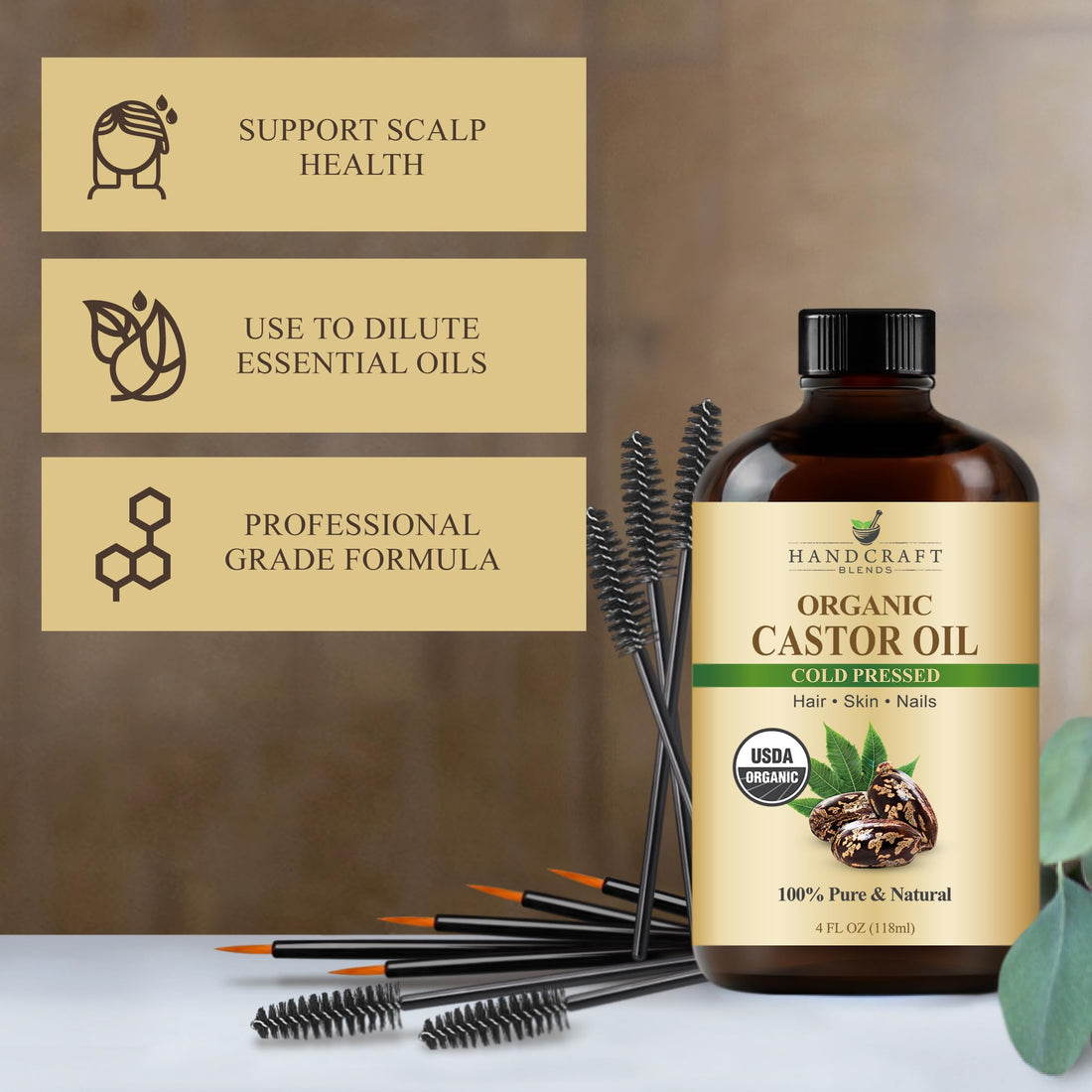 Handcraft Blends Castor Oil with Rosemary and Peppermint Oil 118 ml | 100% Pure and Natural | Premium Grade Carrier Oil | Hair, Eyelashes and Eyebrows | Hair and Body