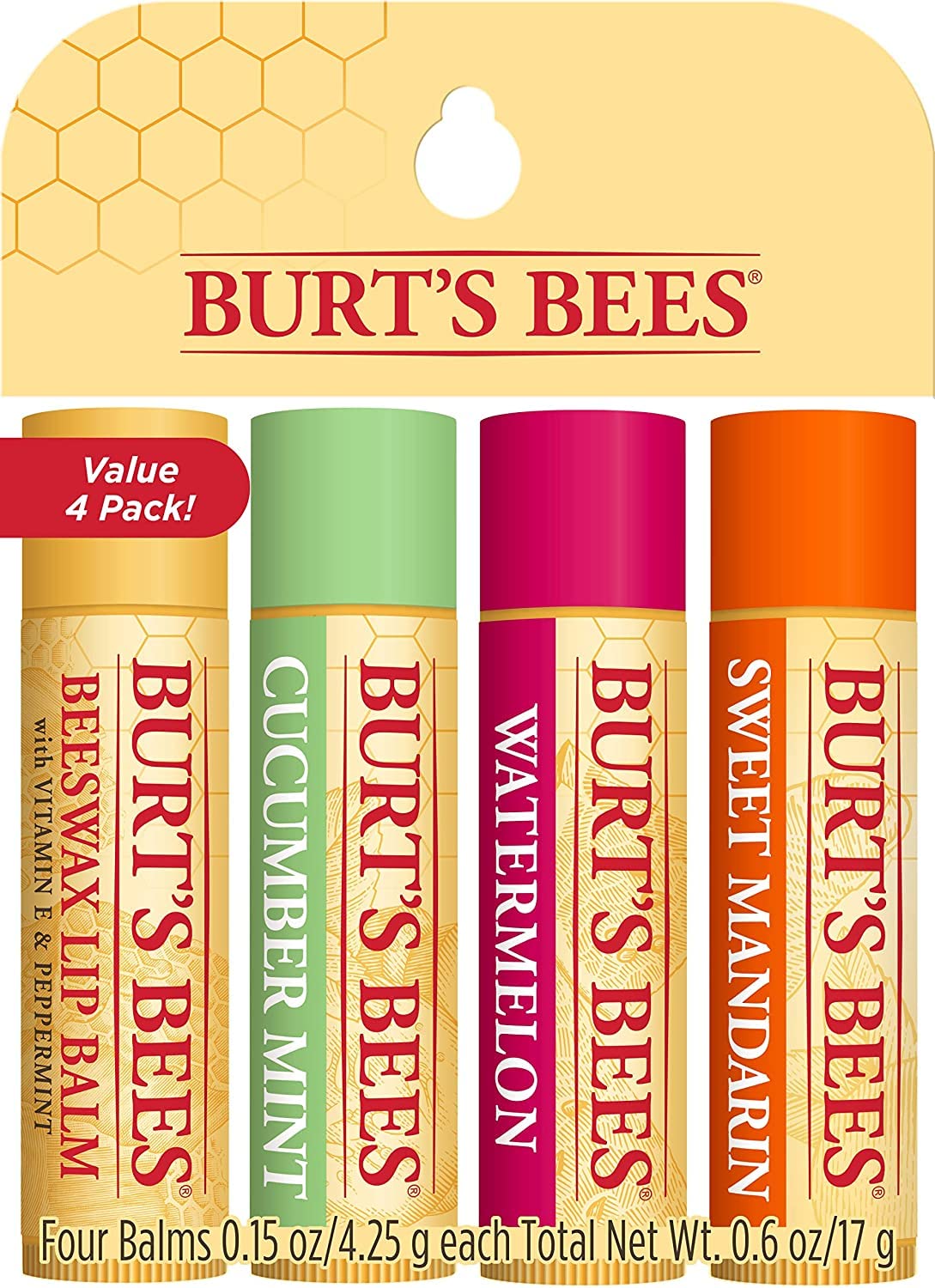 Burt's Bees Lip Balm Multipack, Lip Balm Set, Beeswax, Strawberry, Coconut & Pear, Vanilla Bean, Best of Burt's, 4x4.25g Halalzen