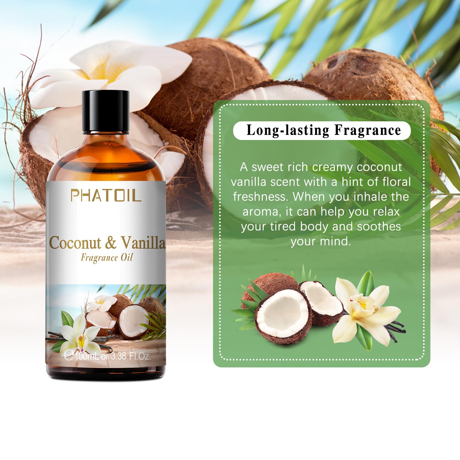 PHATOIL Coconut & Vanilla Fragrance Oils for Aromatherapy, Essential Oils for Diffusers for Home, Premium Quality Coconut & Vanilla Fragrance Essential Oil, Perfect for Diffuser, Relaxation - 100ml