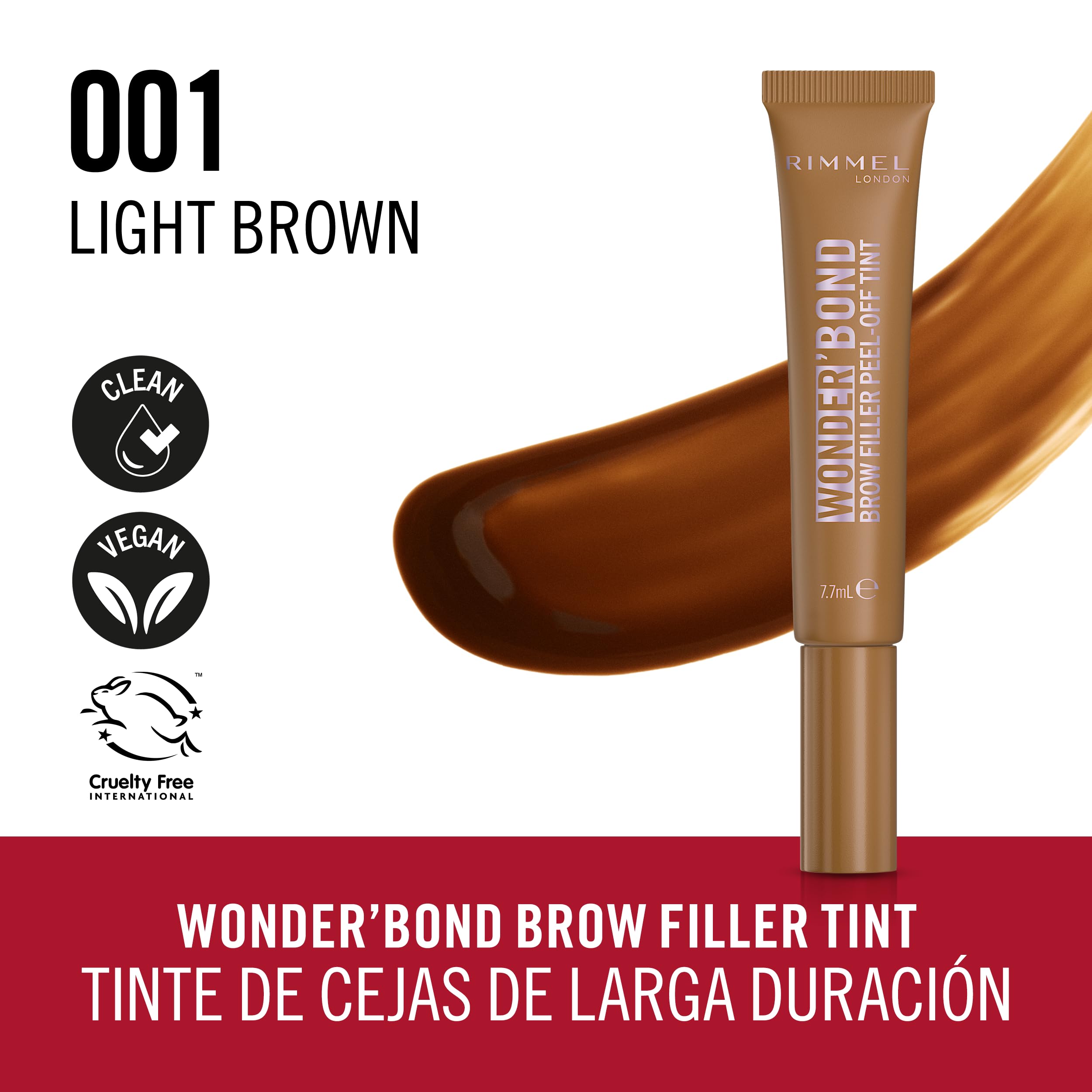 Rimmel Wonder’Bond Brow Filler Peel‑Off Tint, Medium Brown, Semi‑Permanent Brow Tint with Biotin for Fuller, Thicker Brows, Waterproof & Transfer‑Proof, 2‑in‑1 Tint & Brow Mask, Vegan, 7.7ml