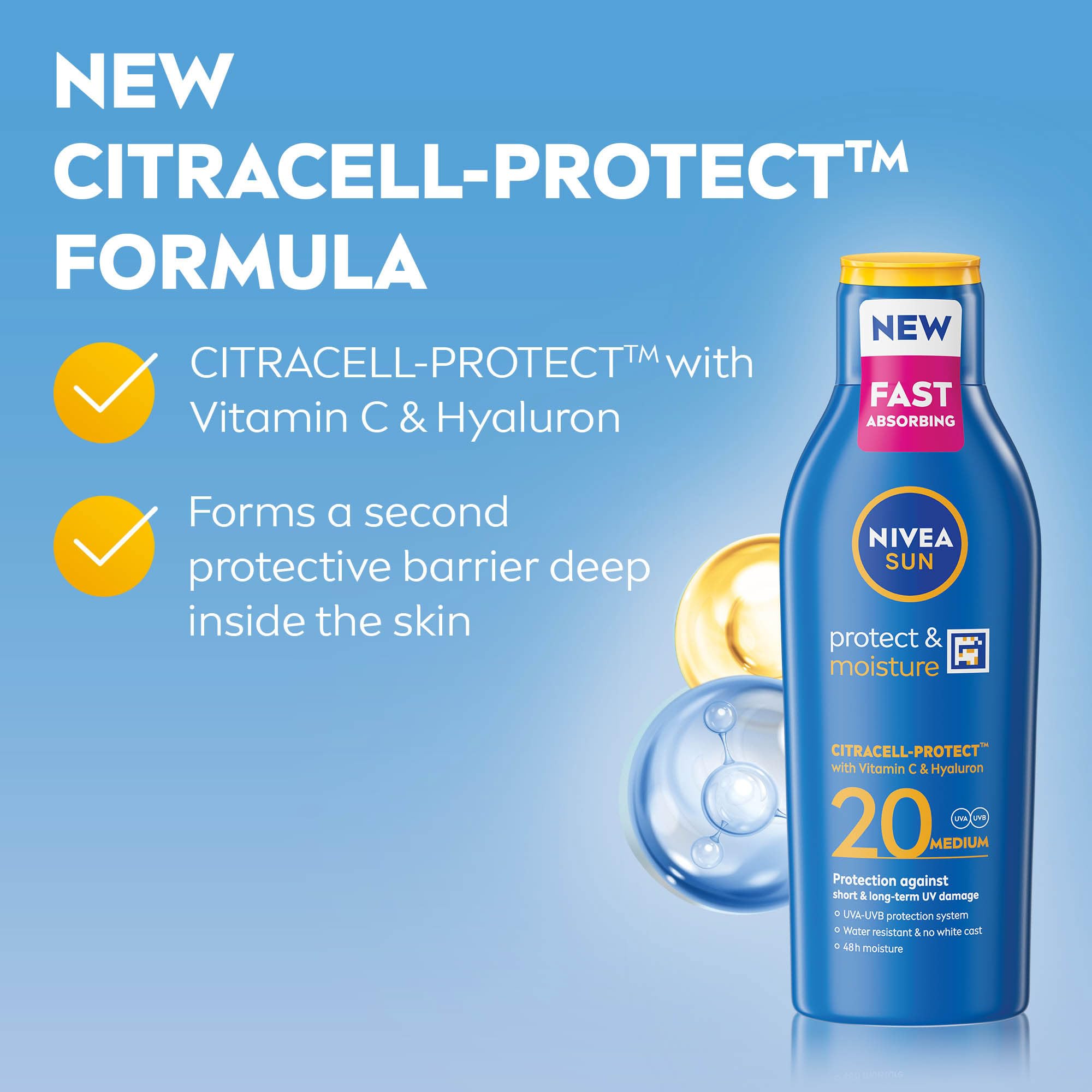 NIVEA SUN Protect & Moisture Sun Lotion SPF 30 (200 ml), Suncream with Vitamin C and Hyaluron, Provides 48H Moisture & Immediate UVA & UVB Protection, Fast-Absorbing No White Cast Formula