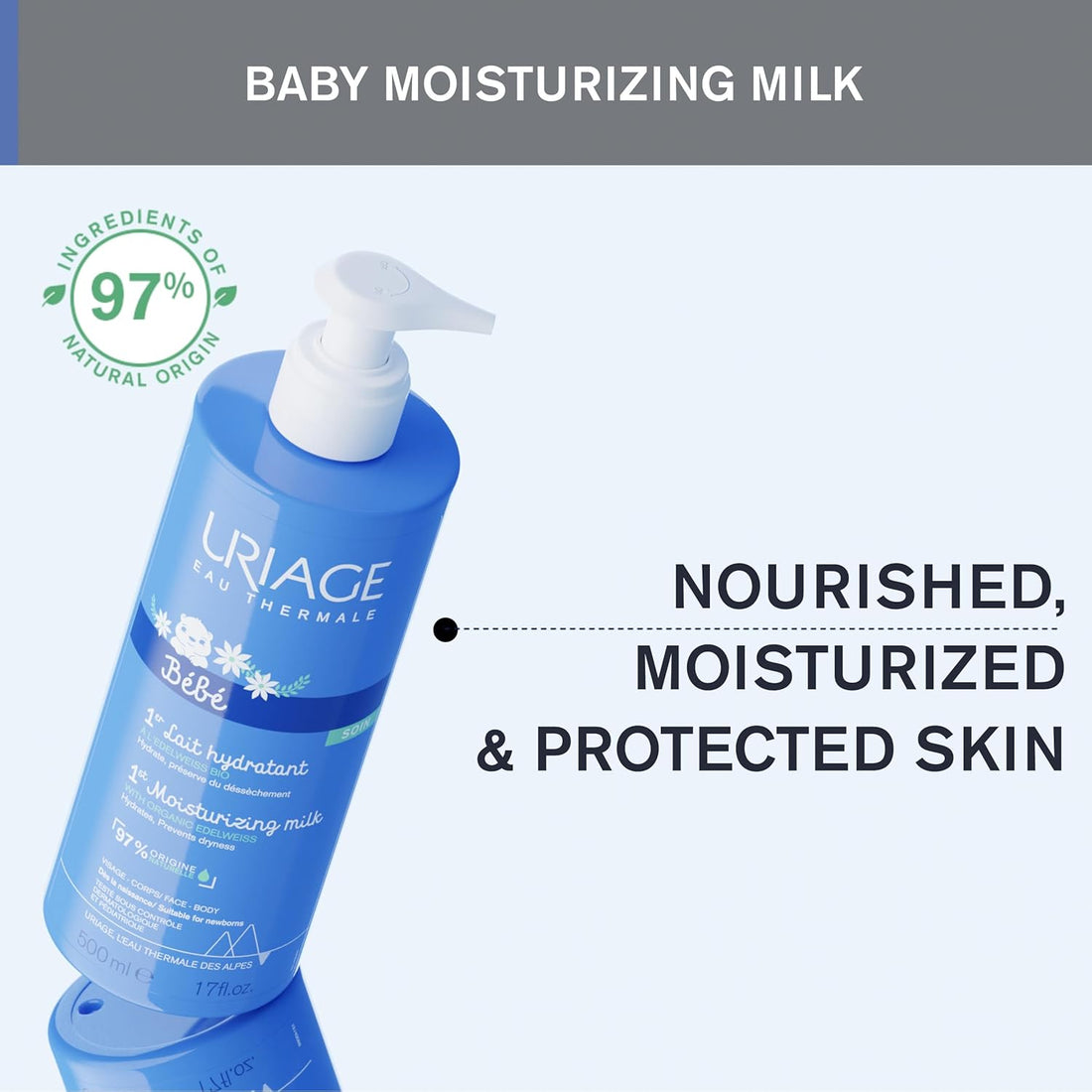 Uriage Baby Daily Moisturizing Lotion with Organic Edelweiss & Shea Butter 500ml - Nourishes, Moisturizes & Protects Skin - Non-greasy - Delicately Scented - Suitable for Newborns - 97% Natural Origin