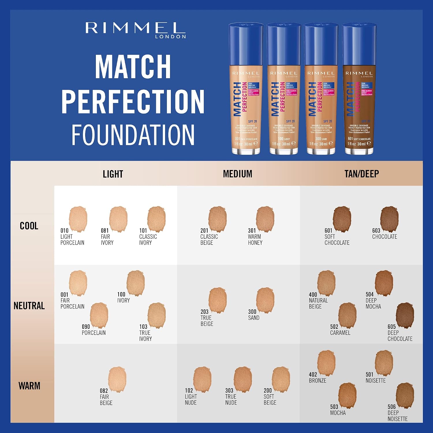 Rimmel Match Perfection Foundation 201 Classic Beige, Medium Coverage, 24hr Hydration, No Caking or Creasing, Lightweight, Reduces Imperfections, Invisible Coverage, SPF20, Cruelty Free Halalzen