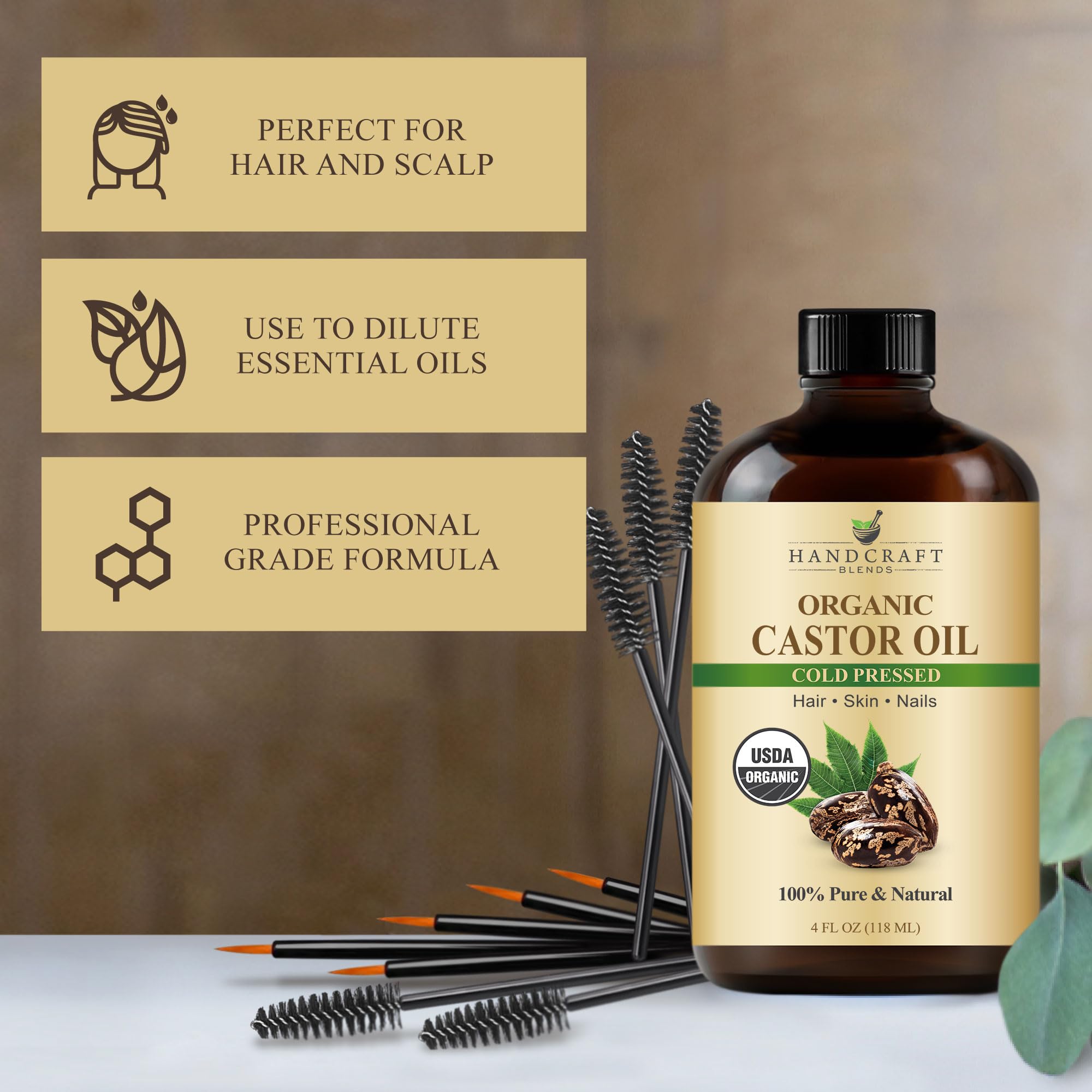 Handcraft Blends Huile de Ricin et Huile de Romarin 236 ml | 100% Pure et Naturelle | Huile Support de Qualité Supérieure | Cheveux, Cils et Sourcils | Cheveux et Corps