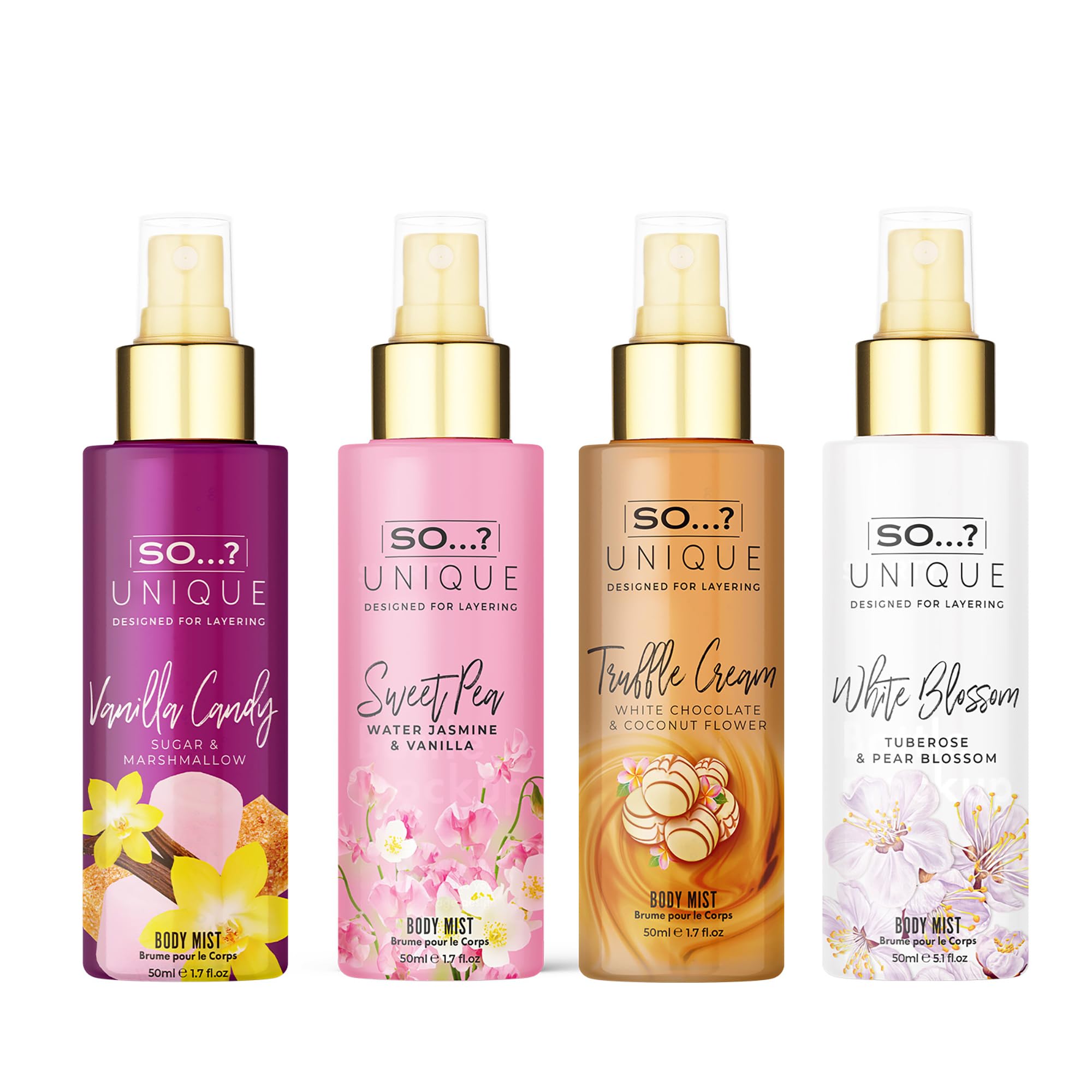 So…? Unique Mini Mist Womens Gift Set with Vanilla Candy, Sweet Pea, Truffle Cream, & Cashmere, Body Mist Fragrance Spray Set (4 x 50ml.) Halalzen