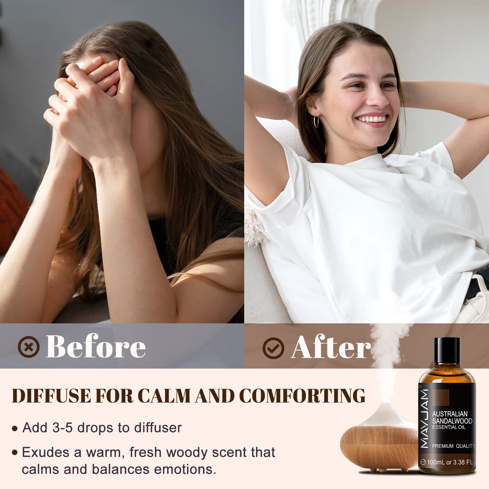 MAYJAM Sandalwood Essential Oils 100ML, Sandalwood Oil for Diffuser, Humidifier, DIY, Home, Office