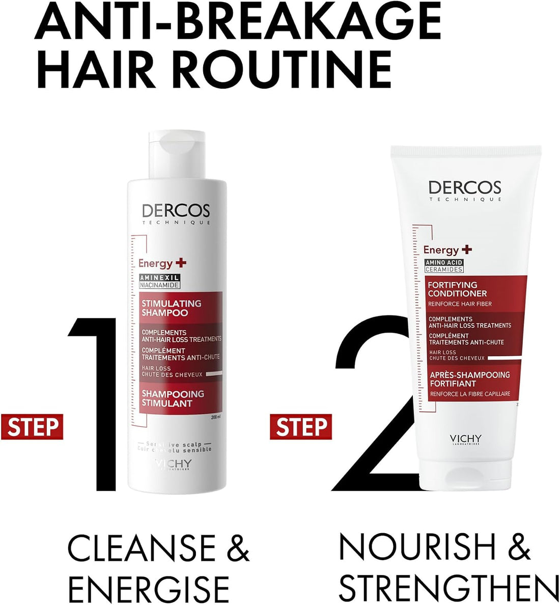 Vichy Dercos Energy+ Anti-Hair Loss Stimulating Shampoo With Aminexil & Niacinamide, For Thinning Hair & Weak Hair Prone to Breakage, Sensitive Scalps, 400ml