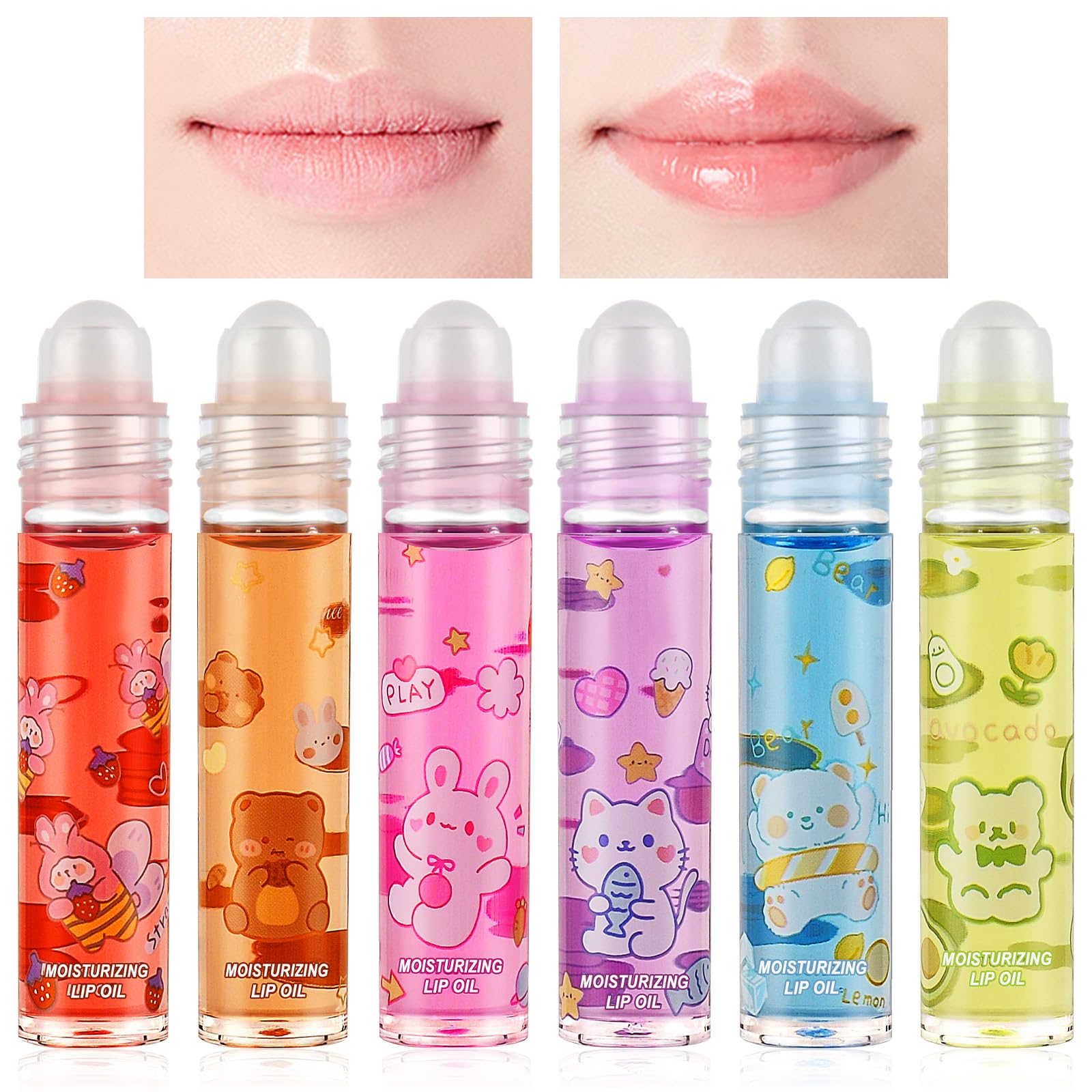 AOOWU 6 Pcs Hydrating Lip Oil Set, Fruit-Flavored Plumping Lip Oil, Long Lasting Lip Glow Balm Lip Care, Transparent Moisturizing No-Sticky Lip Gloss(Peaches,Orange,Avocado,Strawberry,Grape,Cherry)8ML