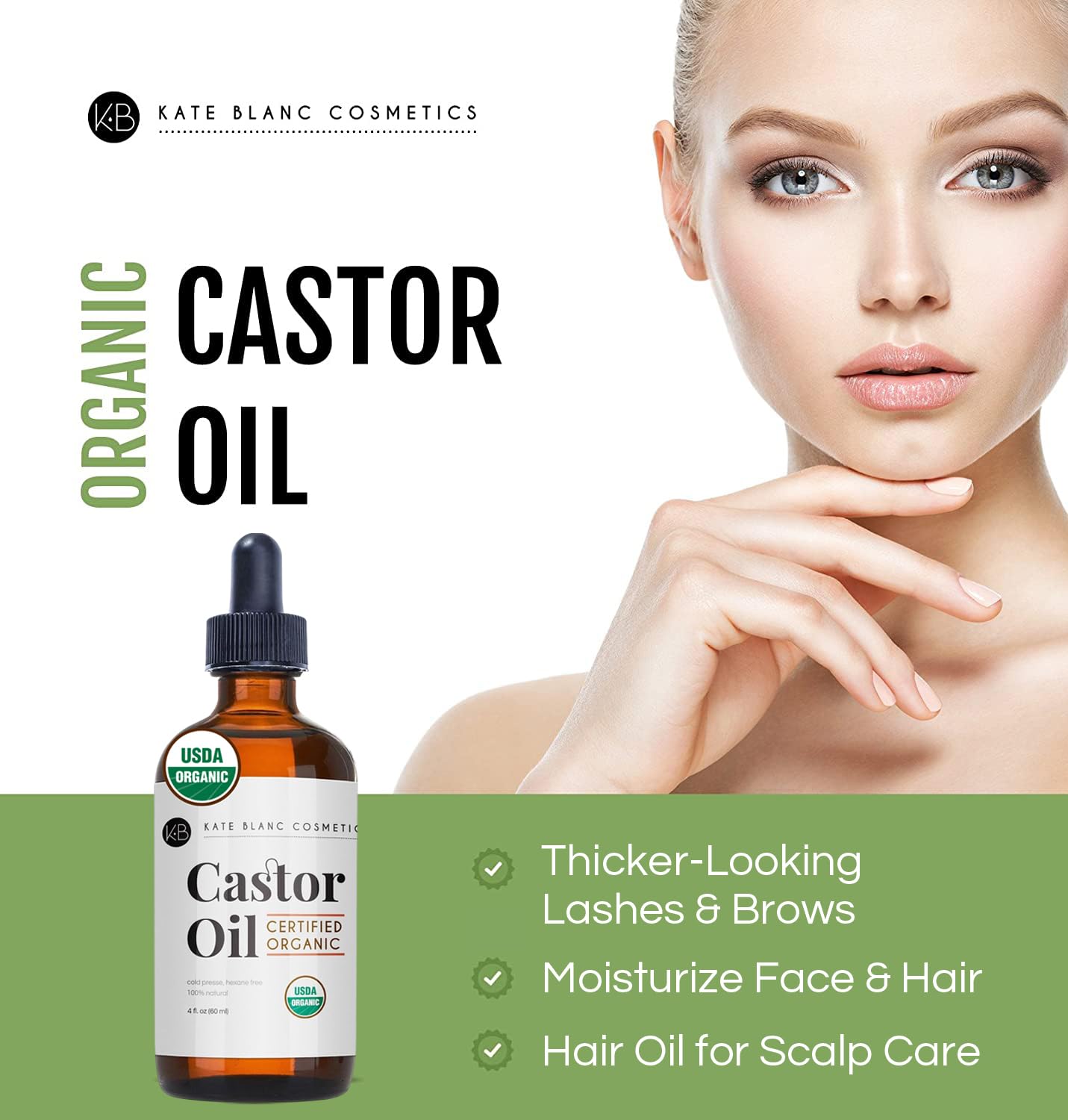 Kate Blanc Cosmetics Castor Oil Organic for Hair, Lashes, Face, Skin (2oz), 100% Pure, Cold Pressed, Hexane Free Hair Oil. Lash Serum for Thicker-Looking Eyelashes & Eyebrows Halalzen