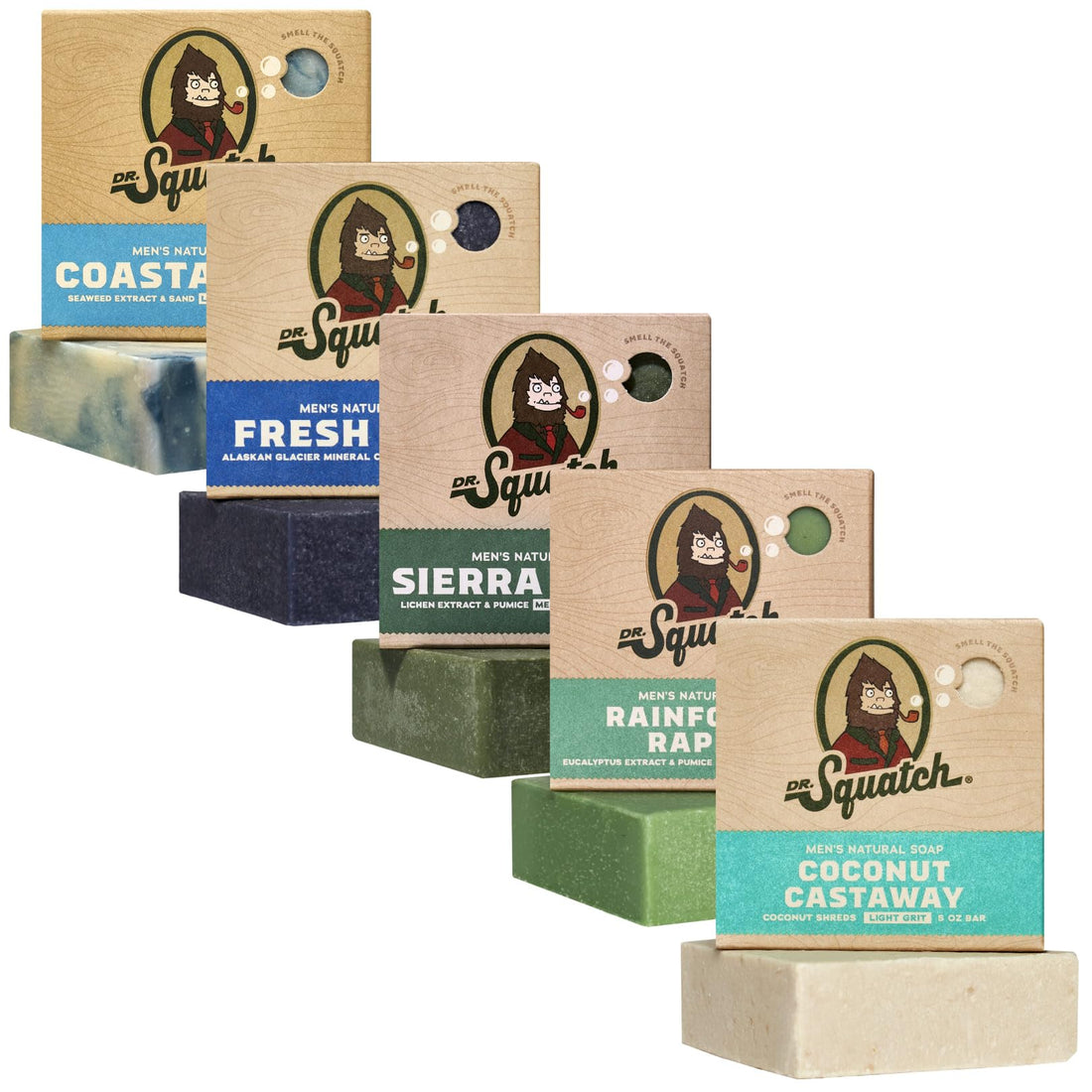 Dr. Squatch Natural Men’s Bar Soap - Cold Process Body Soap Bar with Natural Oils - Gifts for Men - Deep Sea Goat's Milk, Wood Barrel Bourbon, Rainforest Rapids, Alpine Sage & Bay Rum (5 oz, 5-Pack)