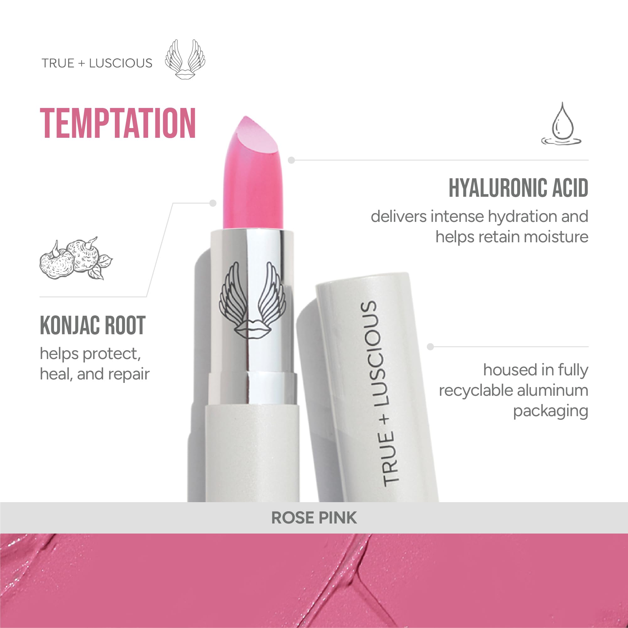 True + Luscious Super Moisture Lipstick | Sheer Cream Lip Color for Lasting Hydration | Hyaluronic Acid Konjac Root Powder | Vegan Cruelty-Free Gluten-Free Flatters All Skin Tones | Pink Sugar