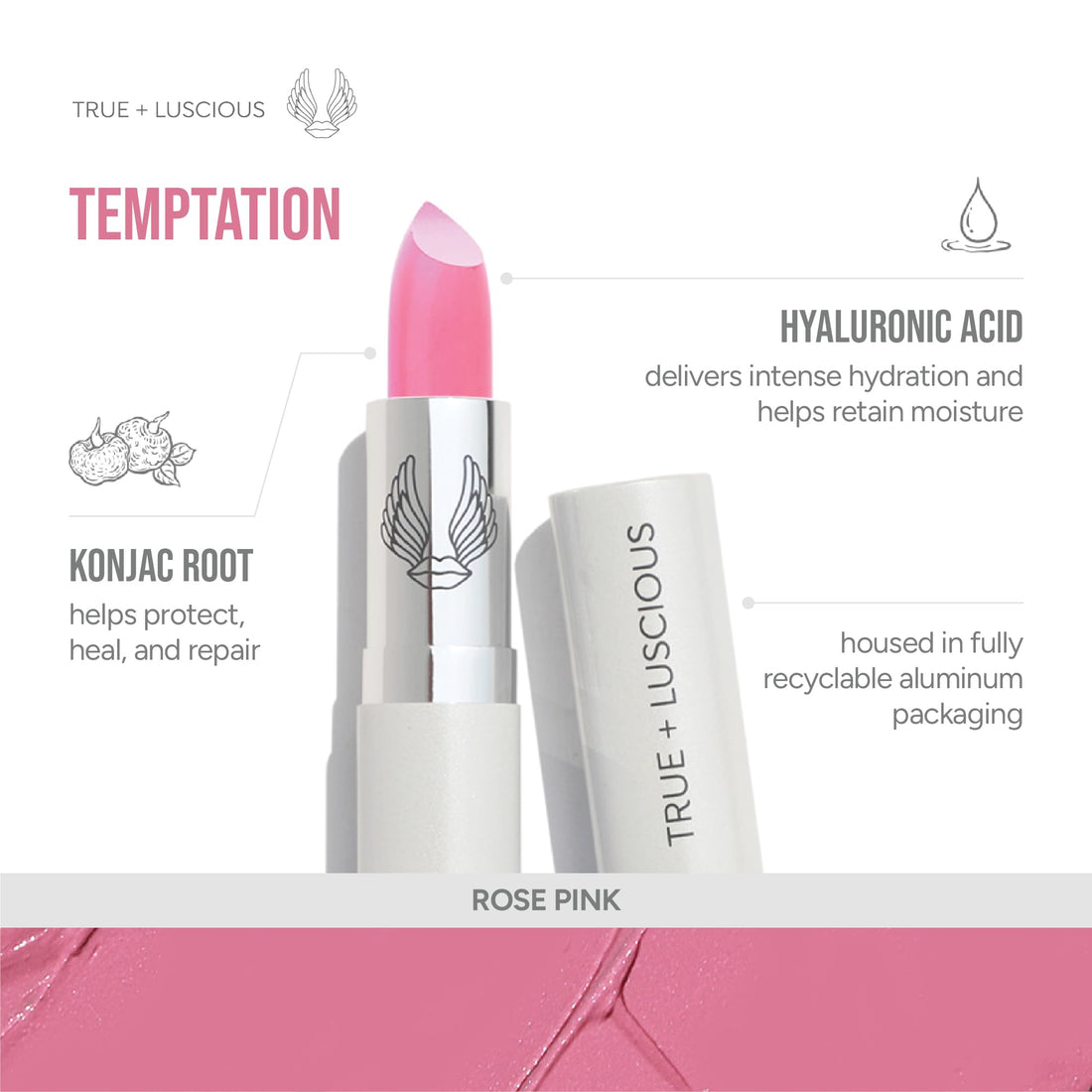 True + Luscious Super Moisture Lipstick | Sheer Cream Lip Color for Lasting Hydration | Hyaluronic Acid Konjac Root Powder | Vegan Cruelty-Free Gluten-Free Flatters All Skin Tones | Pink Sugar