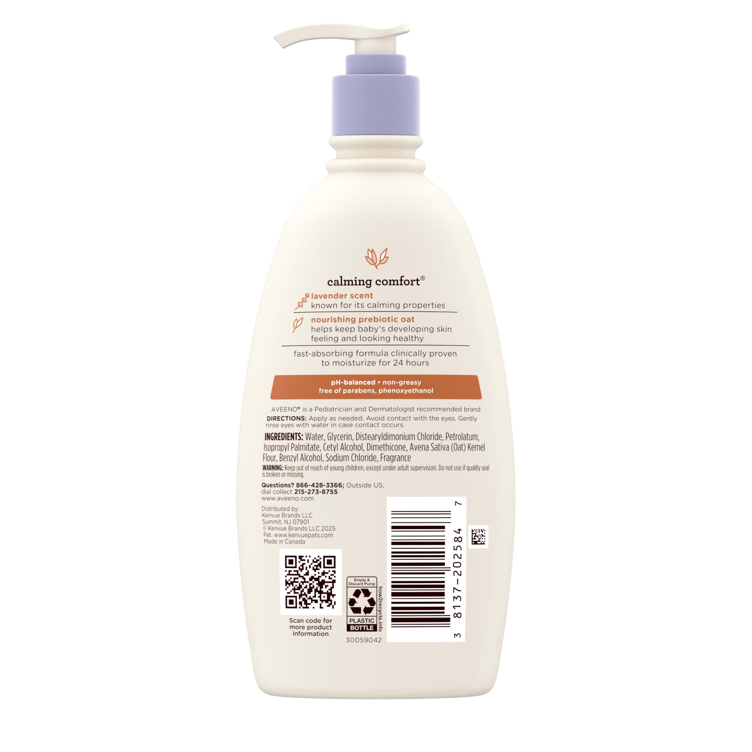 Aveeno Baby Calming Comfort Moisturizing Body Lotion with Relaxing Lavender & Vanilla Scents, Non-Greasy Baby Lotion, Nourishing Prebiotic Oatmeal, Paraben- & Phthalate-Free, 18 fl. oz Halalzen