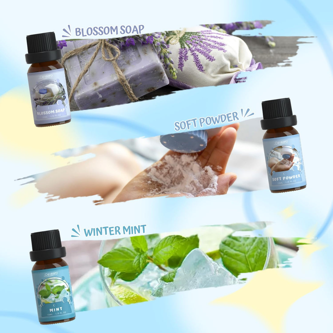 SALUBRITO Clean Essential Oils Set, Fresh Cotton, Clean Home, Fresh Linen, Soft Powder, Blossom Soap, Mint Scented Oils for for Diffuser, Candle, Soap Making