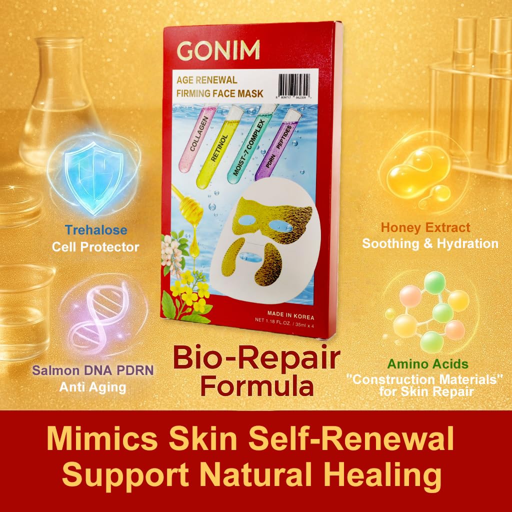 GONIM Korean Face Mask with Integrated Eye Patches with PDRN, Caffeine, Retinol, Collagen Face Mask, Hydrating Face Masks, Hyaluronic Acid Serum Sheet Mask Korean Skin Care Anti Aging 35ml/1.18ozx4 Halalzen