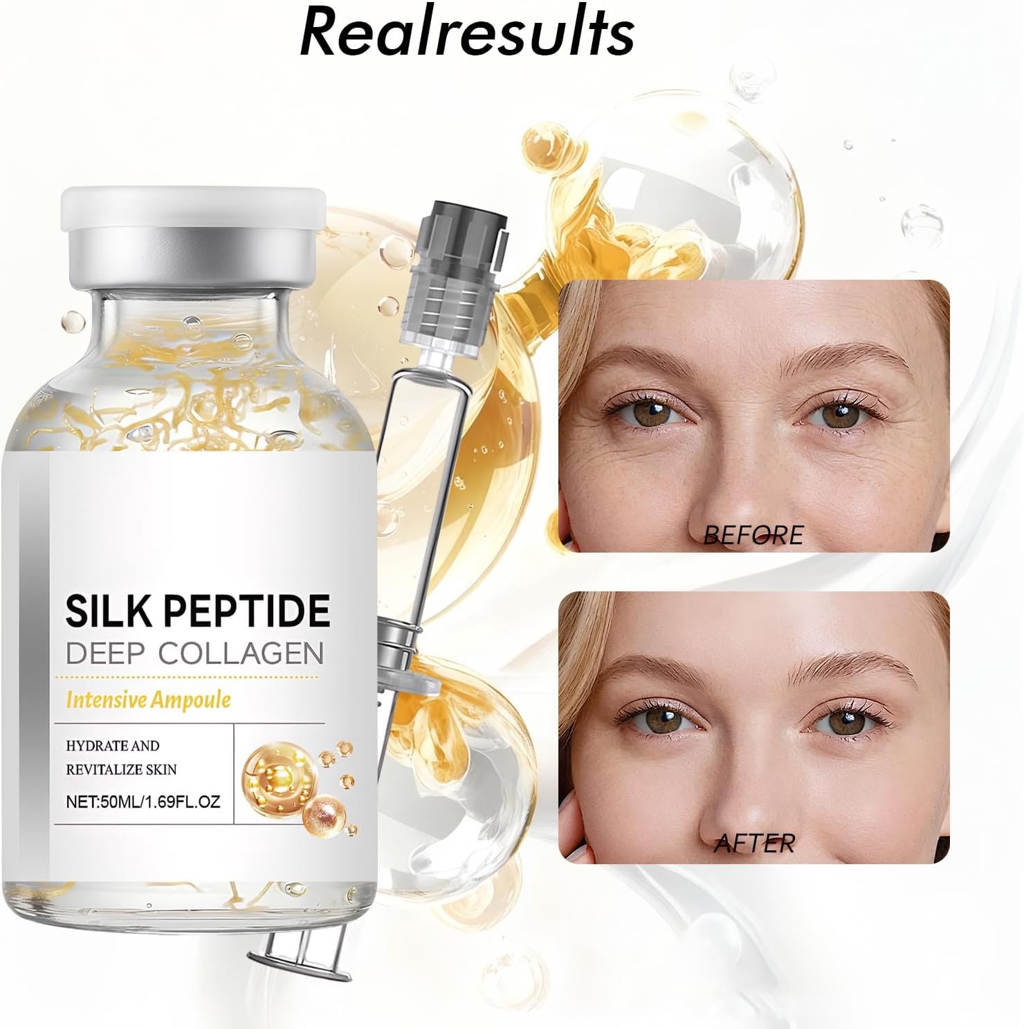 Korean Silk Collagen Ampoule with Syringe, Deep Collagen Silk Peptide Intensive Lifting Ampoule for Youthful, Radiant Skin-50ml
