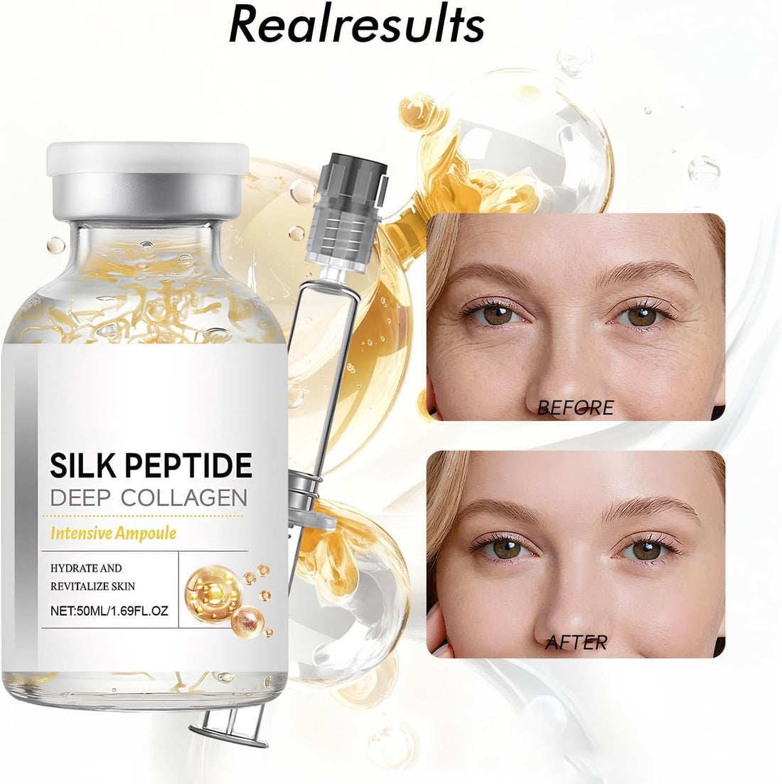 Korean Silk Collagen Ampoule with Syringe, Deep Collagen Silk Peptide Intensive Lifting Ampoule for Youthful, Radiant Skin-50ml
