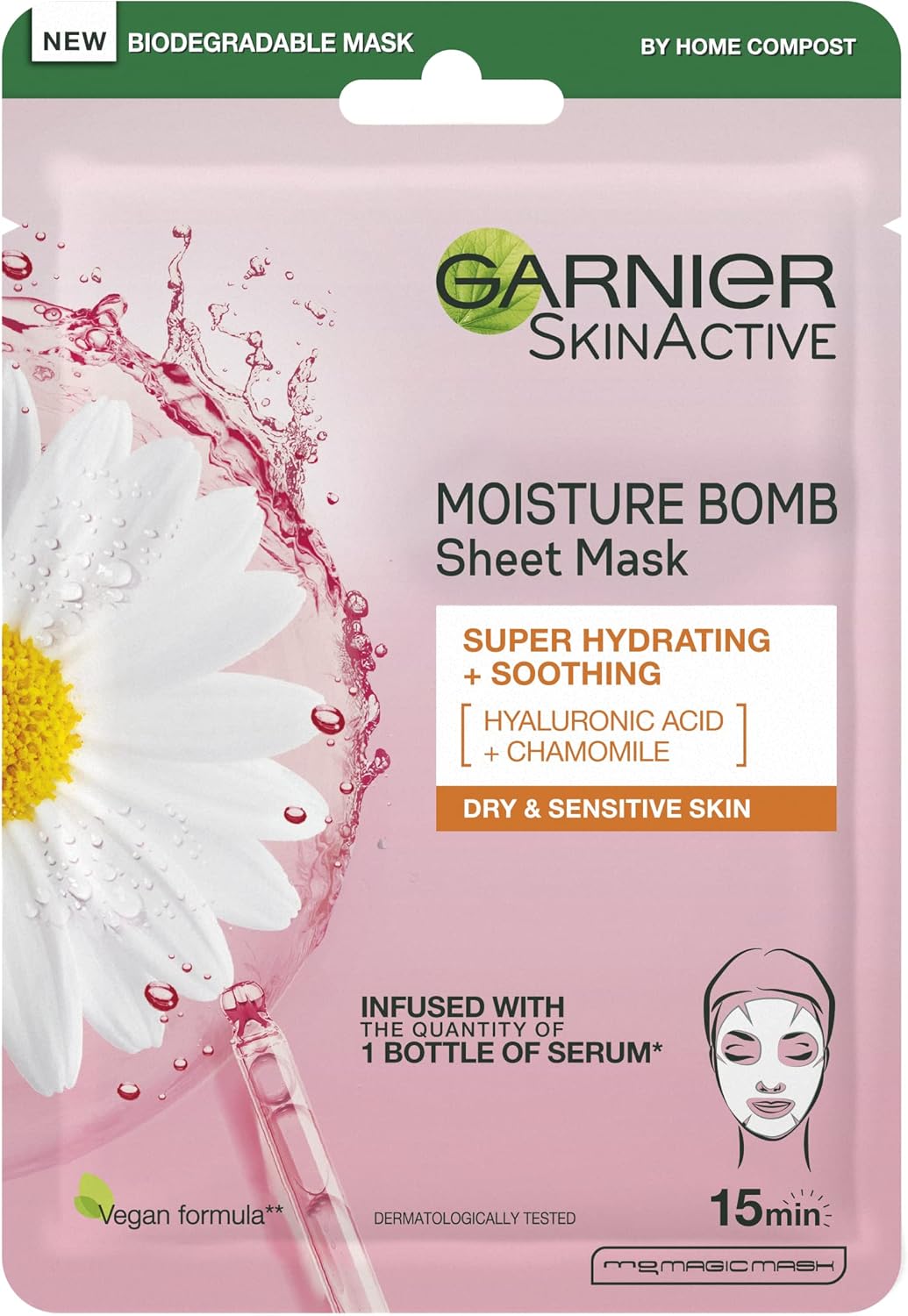 Garnier Moisture Bomb Chamomile and Hyaluronic Acid Sheet Face Mask, Hydrating & Soothing Face Sheet Mask, For Sensitive Skin, Cruelty Free &Vegan Tissue Mask, 28g