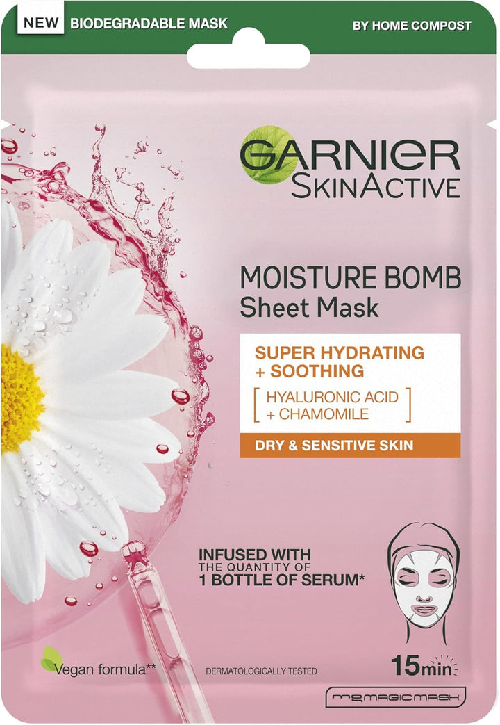 Garnier Moisture Bomb Chamomile and Hyaluronic Acid Sheet Face Mask, Hydrating & Soothing Face Sheet Mask, For Sensitive Skin, Cruelty Free &Vegan Tissue Mask, 28g Halalzen