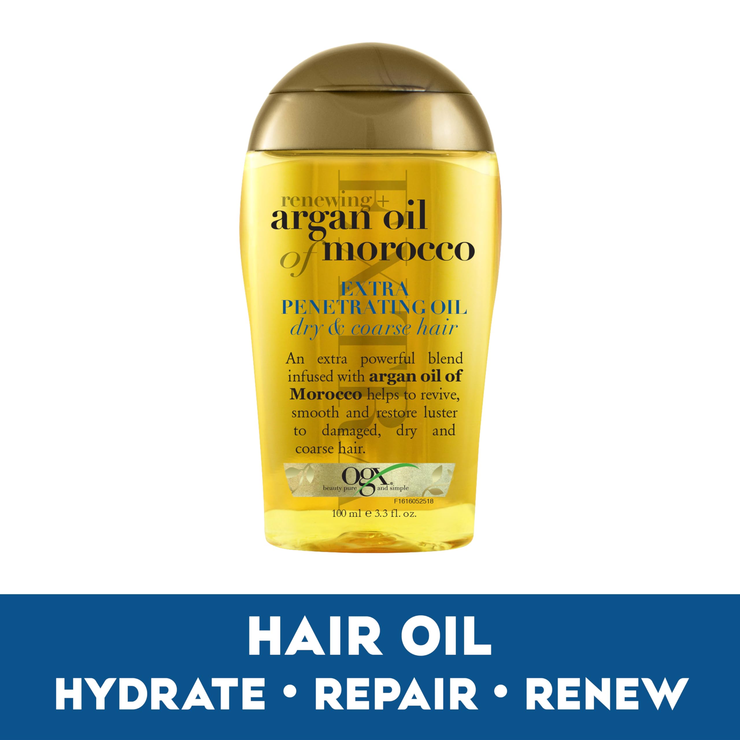 OGX Renewing + Argan Oil of Morocco Hair Oil, Extra Strength Penetrating Serum Treatment for Dry, Damaged, Frizzy, Curly & Coarse Hair, Cold-Pressed Argan Oil, Shine, 3.3 Fl Oz Halalzen