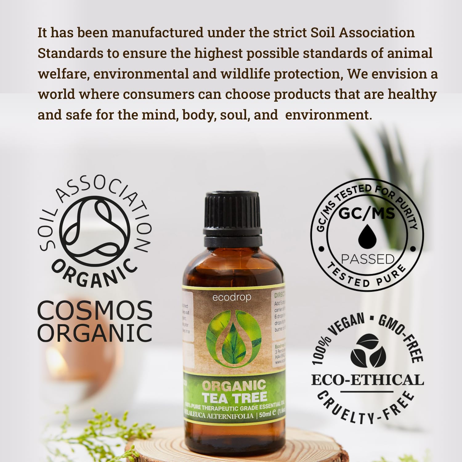 Ecodrop Tea Tree Essential Oil, 10 ml | 100% Pure Organic Steam-Distilled | Melaleuca Alternifolia | Aromatherapy, Diffuser, Massage, Bath, Soap & Candle Making | Australian Fresh Aroma