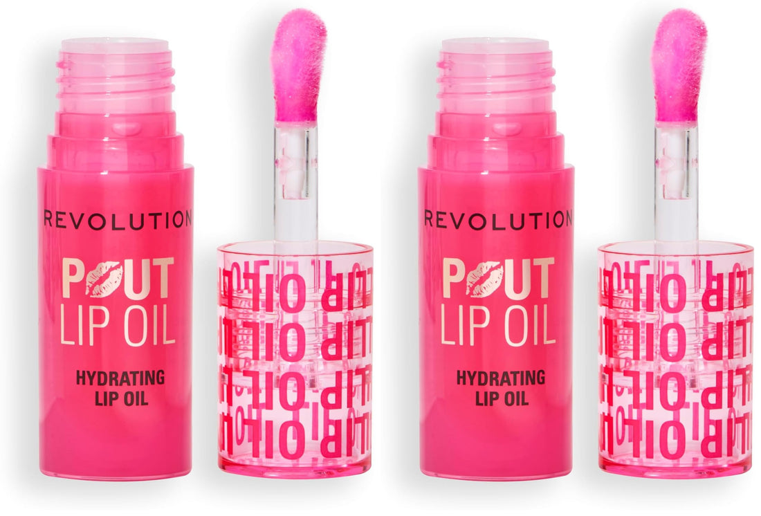 Revolution, Pout Lip Oil, Nourishing Tinted Lip Oil, High Shine, Non-Sticky Finish, Vegan & Cruelty-Free, Glam Pink Shimmer, 4ml