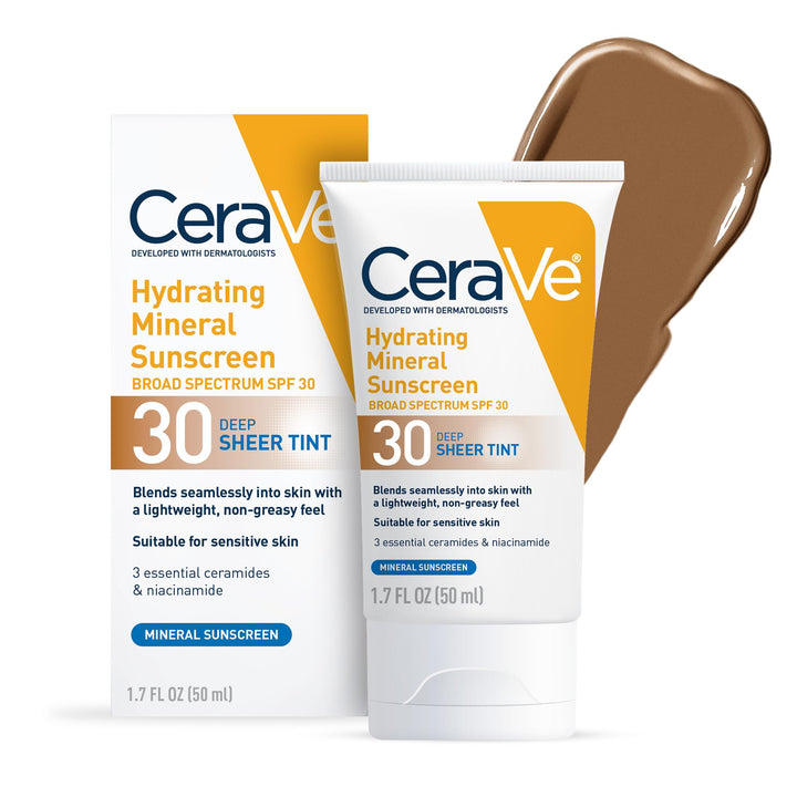 CeraVe Hydrating Mineral Sunscreen SPF 30 with Sheer Tint, Tinted Mineral Sunscreen with Zinc Oxide & Titanium Dioxide, Blends Seamlessly For Healthy Glow, Medium, 1.7 Fluid Ounce Halalzen