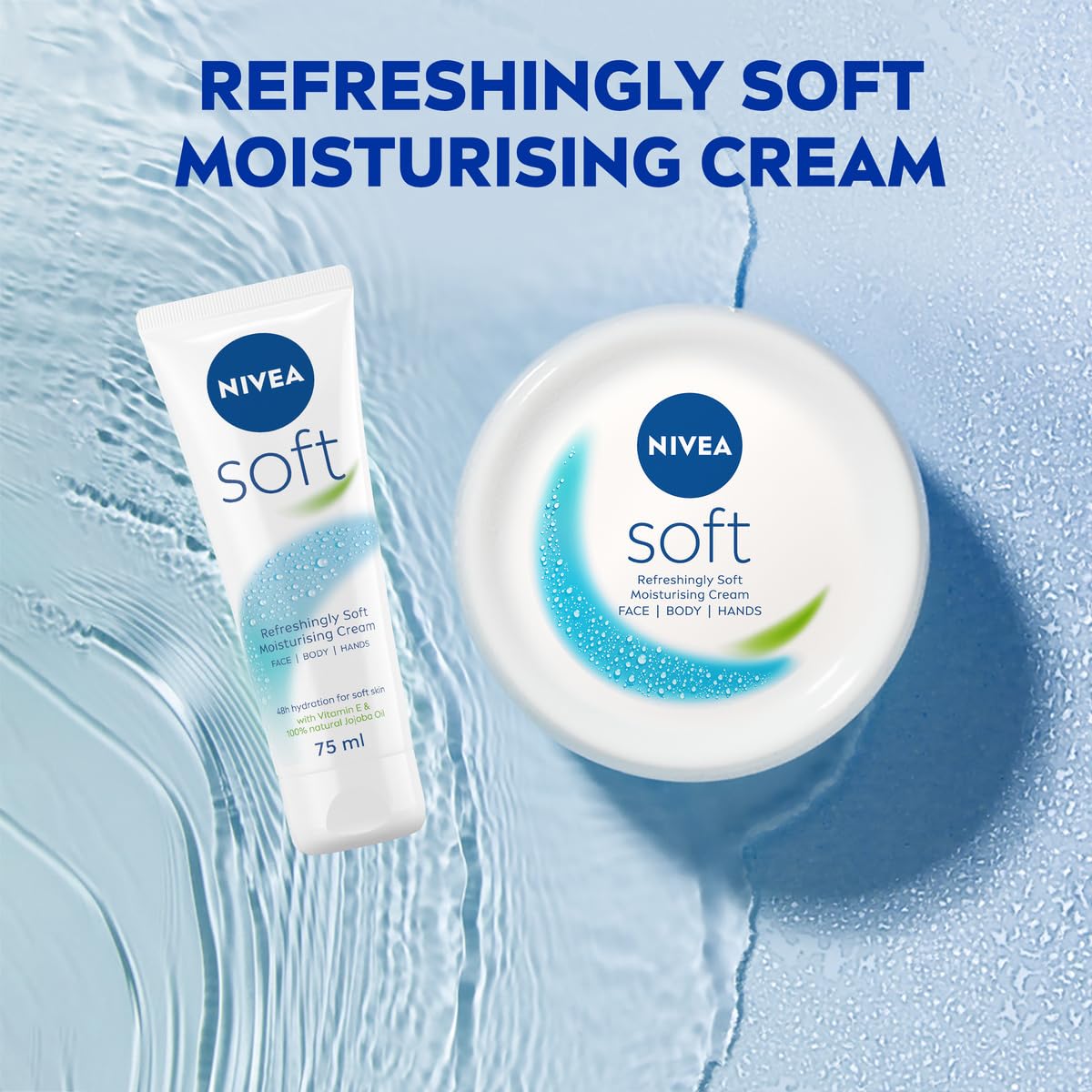 NIVEA Soft Moisturising Cream (75ml), 48H Moisturising Cream for Face, Body and Hands with Vitamin E and Jojoba Oil, Hand Lotion Moisturises Deeply, Vegan Formula Day Moisturiser