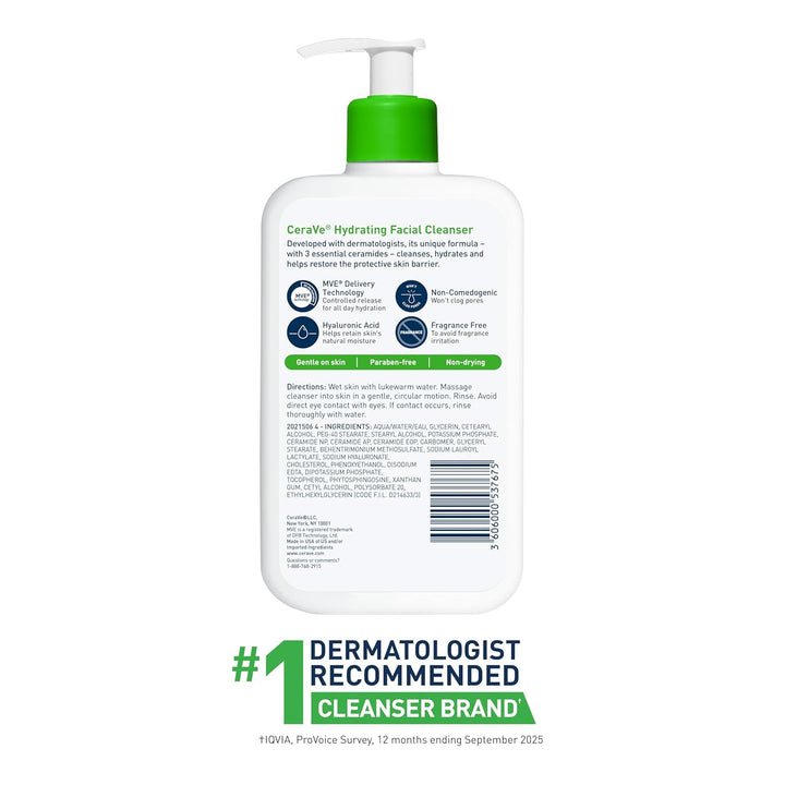CeraVe Hydrating Facial Cleanser, Moisturizing Face Wash For Dry Skin, Hyaluronic Acid + Ceramides + Glycerin, Hydrating Cleanser For Normal To Dry Skin, National Eczema Association Certified