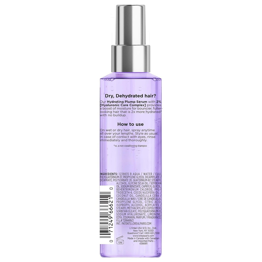 L'Oreal Paris Elvive Hyaluron Plump Moisture Plump Hair Serum for Dehydrated, Dry Hair with Hyaluronic Acid Care Complex, Paraben-Free, 4.4 Fl Oz Halalzen