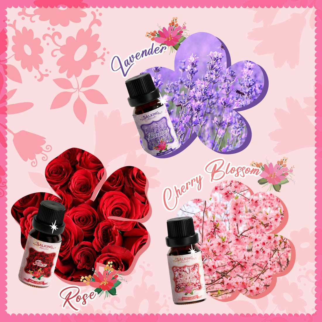 SALKING Essential Oils Set, 100% Pure Fragrance Oil AromatherapyGift, Premium Scented Oils for Diffusers 6 x 10 ML - Lavender, Rose, Jasmine, Cherry Blossom, Gardenia, Chamomile, Pink