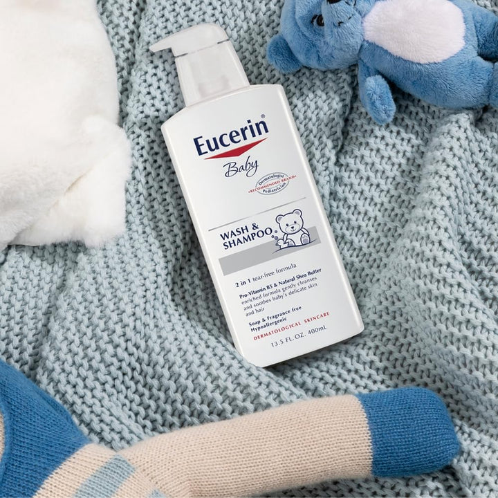 Eucerin Baby Unscented Baby Shampoo and Body Wash, Hypoallergenic, Tear Free Shampoo and Wash with Pro-Vitamin B5 and Shea Butter, 13.5 Fl Oz Bottle 3 pack Halalzen
