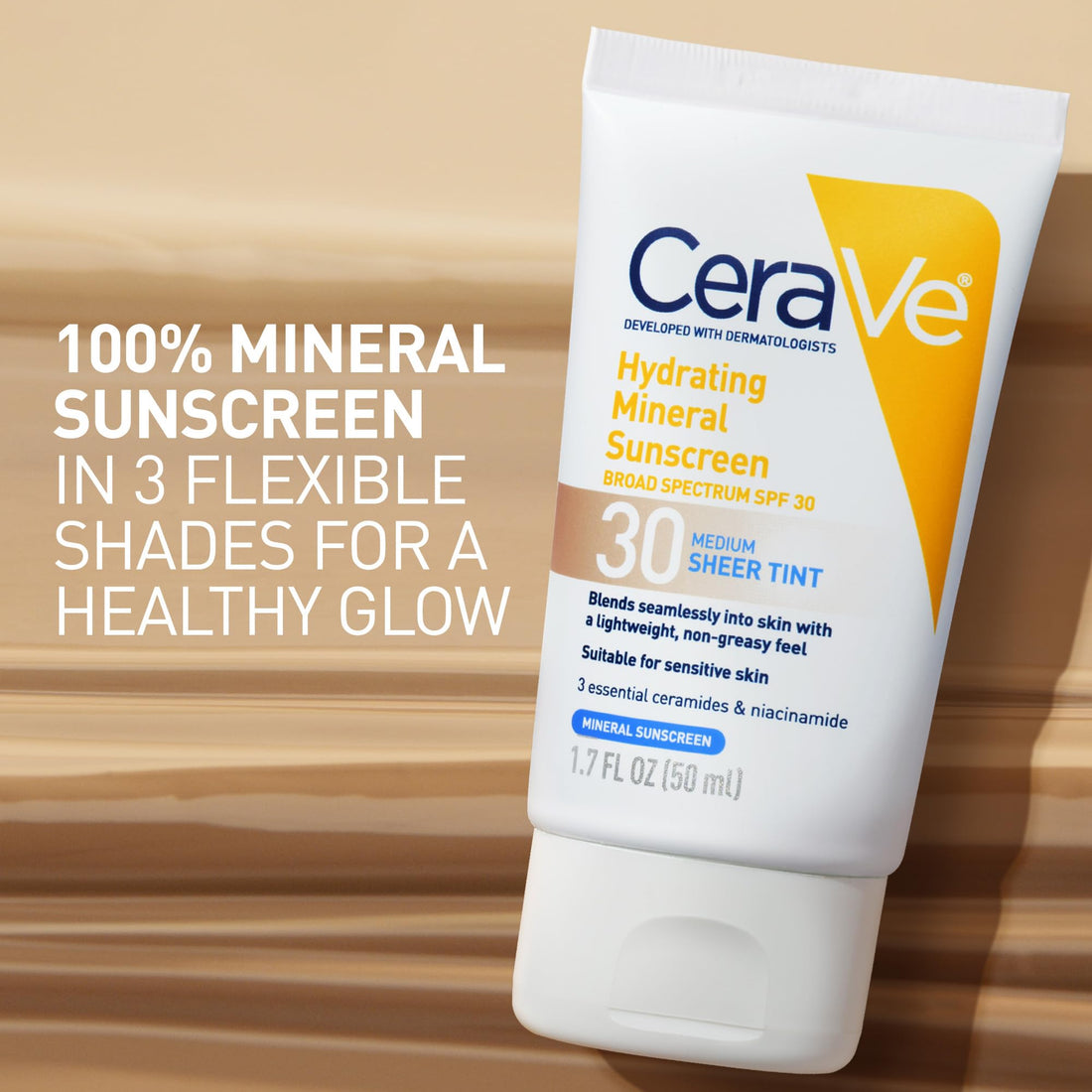 CeraVe Hydrating Mineral Sunscreen SPF 30 with Sheer Tint, Tinted Mineral Sunscreen with Zinc Oxide & Titanium Dioxide, Blends Seamlessly For Healthy Glow, Medium, 1.7 Fluid Ounce Halalzen