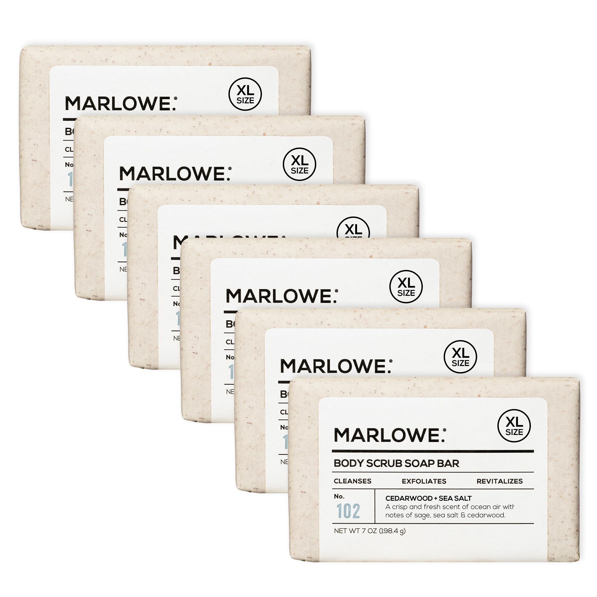 MARLOWE. No. 102 Body Scrub Soap 7 oz, Cedarwood & Sea Salt, Exfoliating Soap Bar with Shea Butter, Olive Oil & Green Tea Extracts, Cleanses, Smooths & Revitalizes Skin, Fresh & Zesty Scent