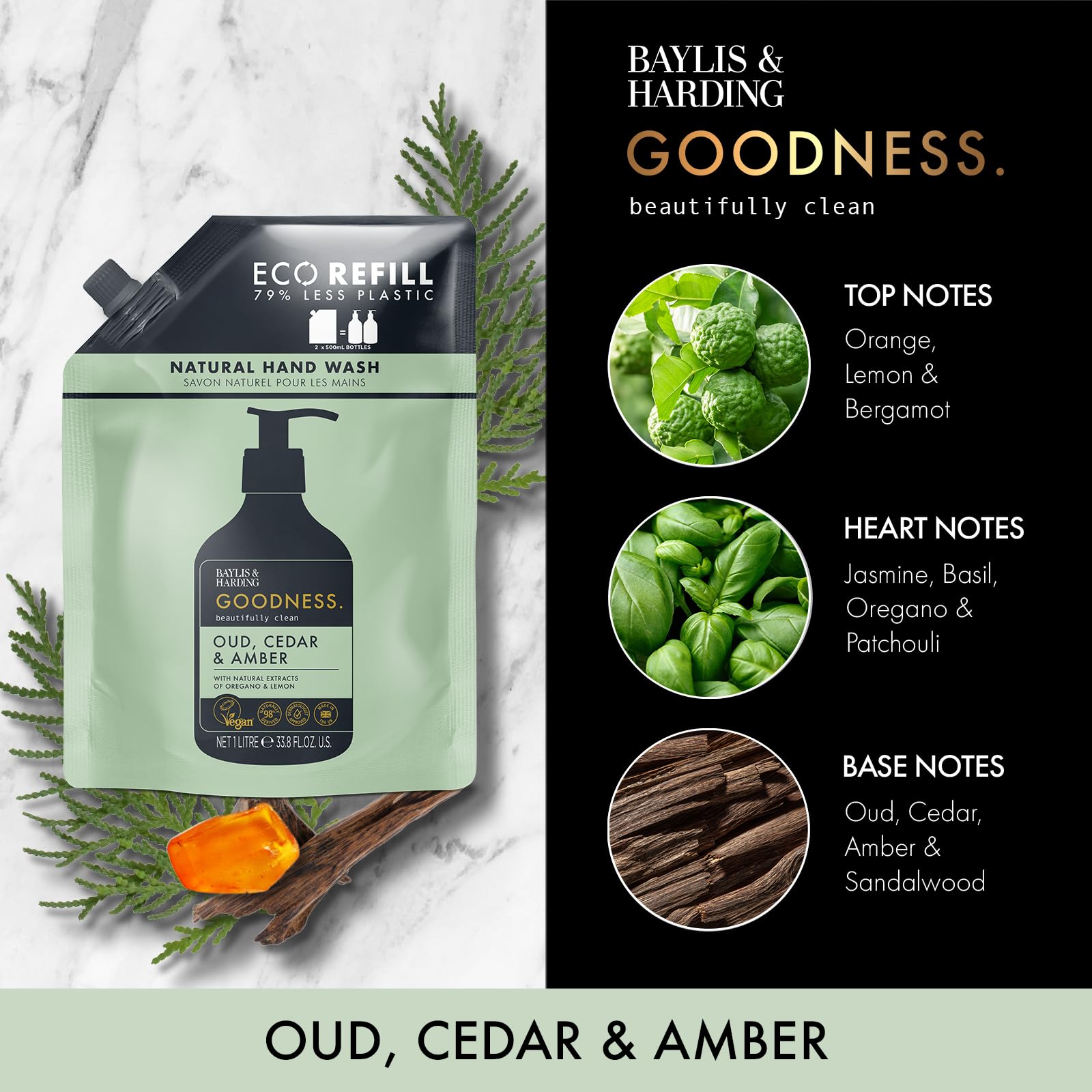 Baylis & Harding Goodness Oud, Cedar and Amber Body Wash, 500 ml (Pack of 3) - Vegan Friendly