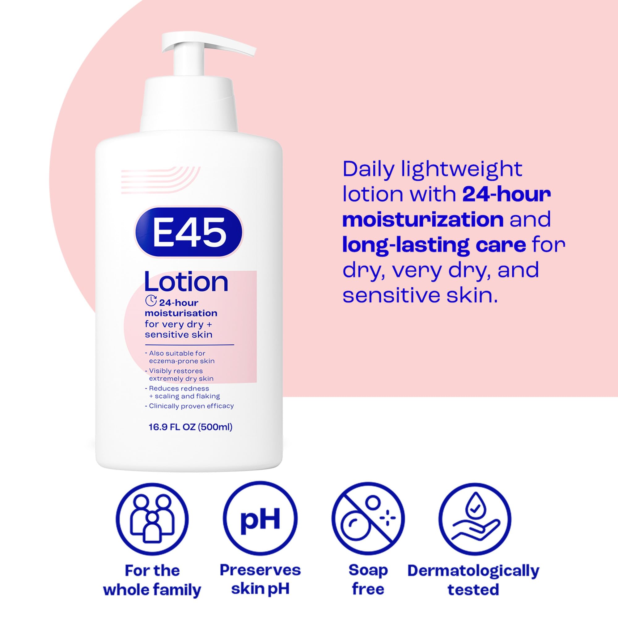 E45 Moisturising Lotion 500 ml for Dry & Sensitive Skin - Long-Lasting Hydration Protect from Dryness, Reduce Redness - Dermatological Body Moisturiser Lotion - Body Lotion - Daily Moisturiser Halalzen