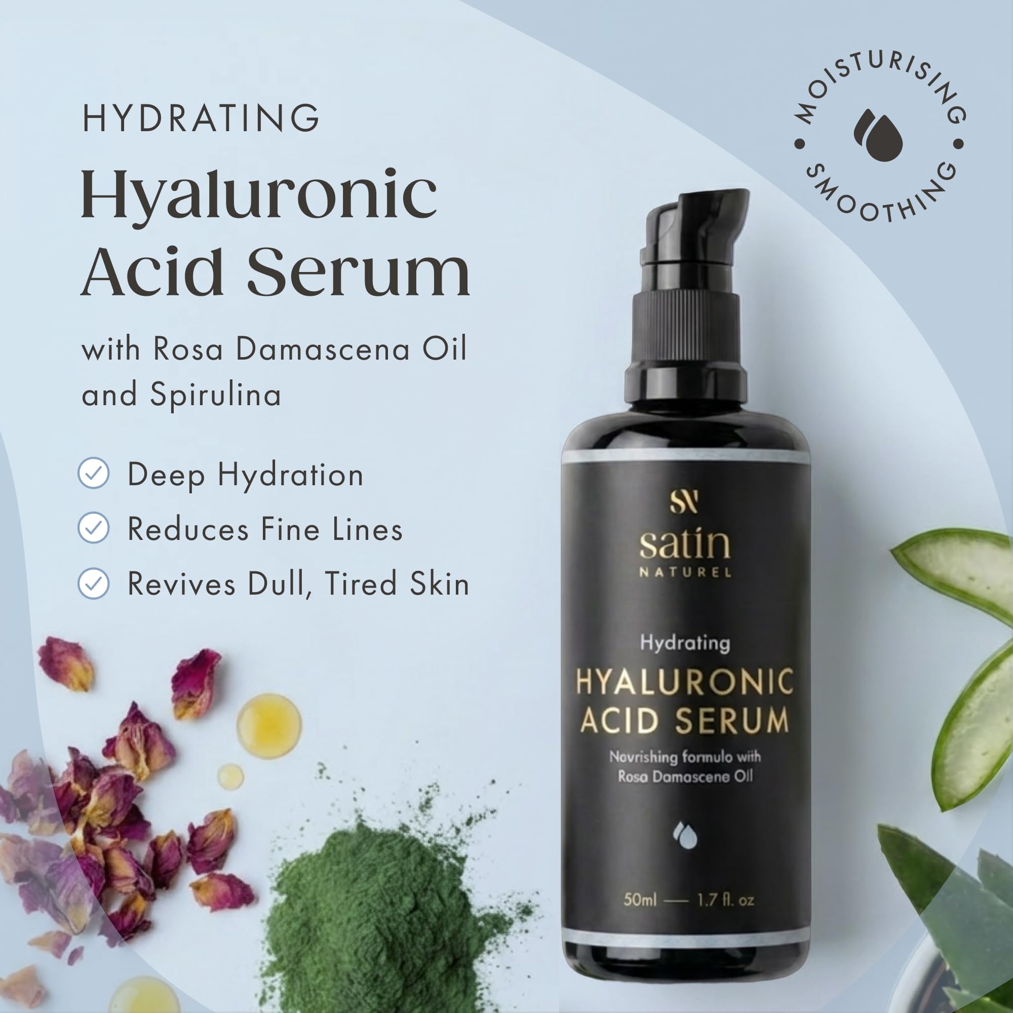Satin Naturel High-Dose Hyaluronic Serum 100 ml – Organic Hyaluronic Acid Facial Serum – Anti-Aging Moisturizing Serum – Vegan – 24h Hydration – Facial Care for Women and Men