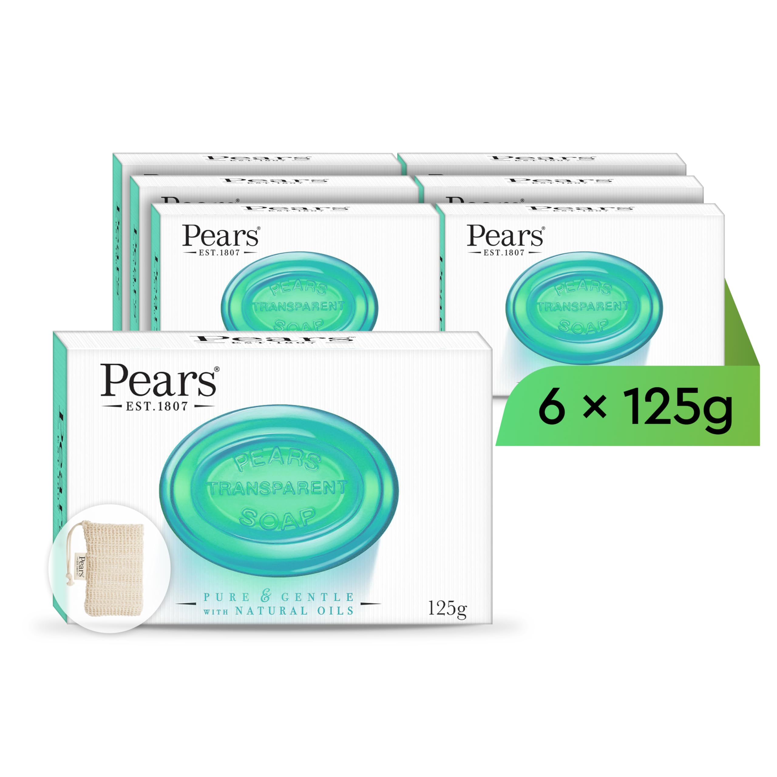 Pears Pure & Gentle Transparent Natural Soap Bar - Made with Mint Extracts, Nourishing and Refreshing Bathing Cleanser, Gentle & Soothing Skin Care, Pure Transparency, Pack of 12 x 125g Halalzen