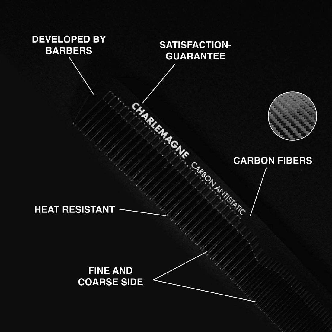 Charlemagne Carbon Fibre Hair Comb - Fine Tooth Mens Comb, 1 Pack - Carbon Cutting & Styling Tool for Men - Antistatic Grooming for Hair & Beard - Curl Detangling Tool for Mens Thick & Fine Locks Halalzen